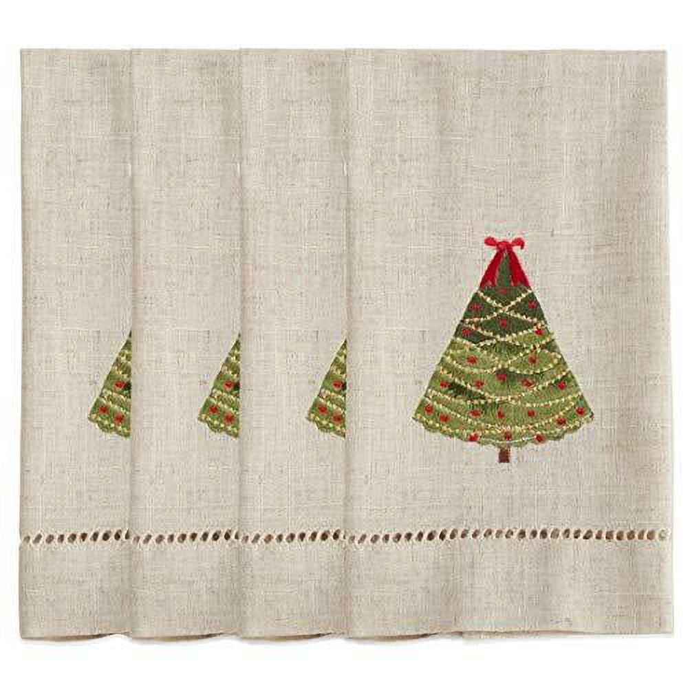 Natural Embroidered Hemstitched Christmas Tree Guest Towels Set