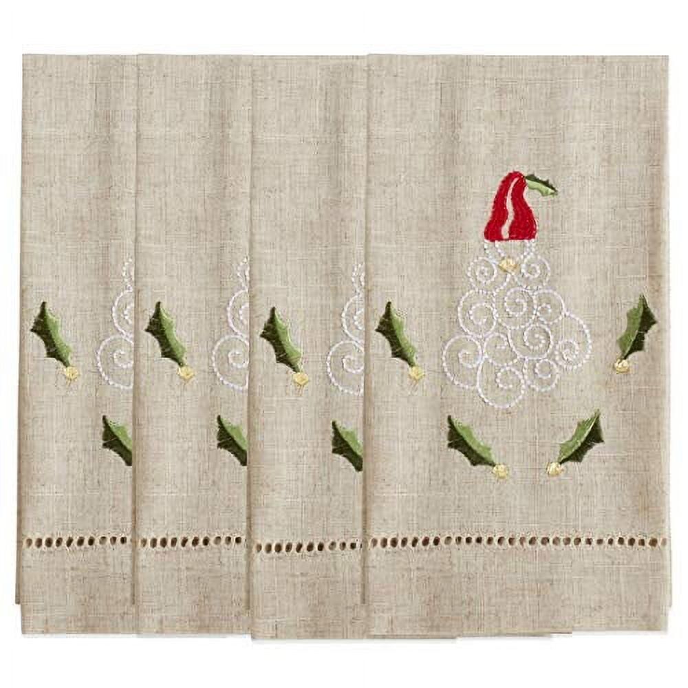 Natural Linen Embroidered Santa Guest Towels, Set of 4