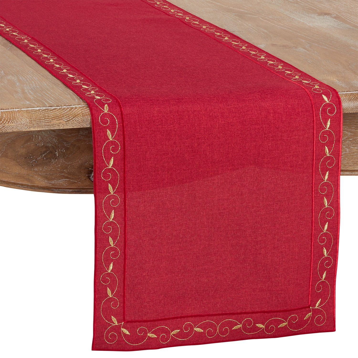 Red Embroidered Holiday Table Runner with Gold Accents, 15" x 69"