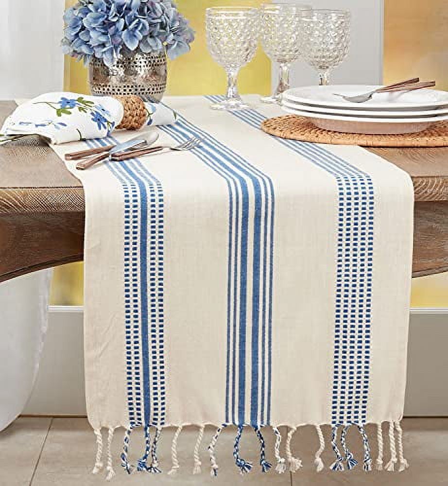 Navy Blue Cotton Striped Fringe Table Runner 16" x 120"