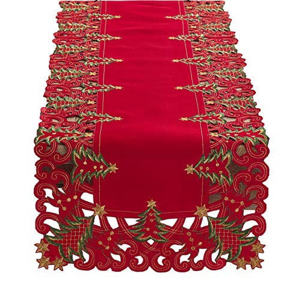 Red Embroidered Christmas Tree Cutwork Table Runner 16" x 108"