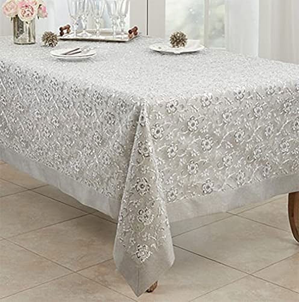 Silver Floral Embroidered Rectangular Tablecloth 65" x 120"