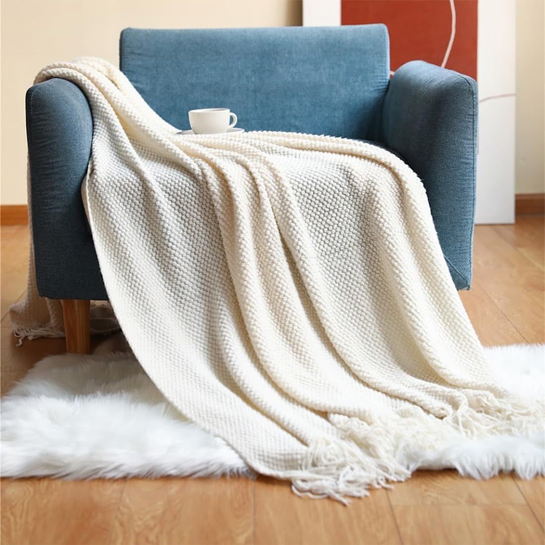 Ivory Knitted Acrylic Throw Blanket with Fringe 50" x 60"