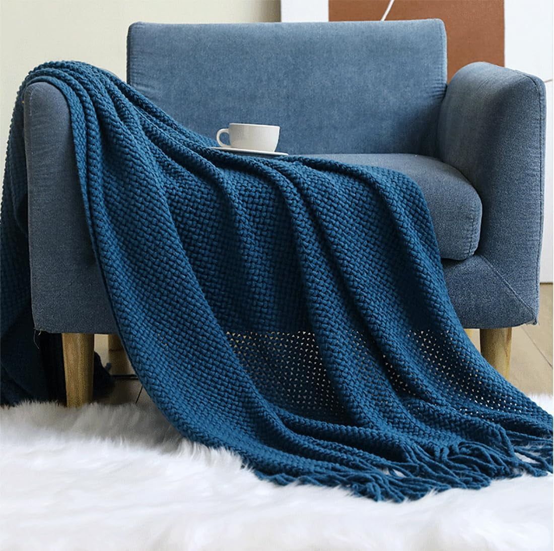 Navy Blue Textured Knit Fringe Throw Blanket 50" x 60"