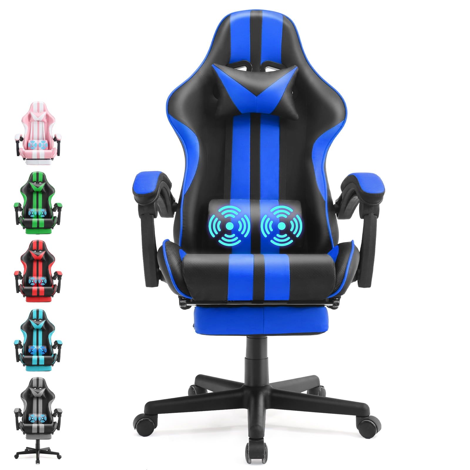 Ferghana Blue and Black Gaming Chair with Footrest and Massage Lumbar Pillow