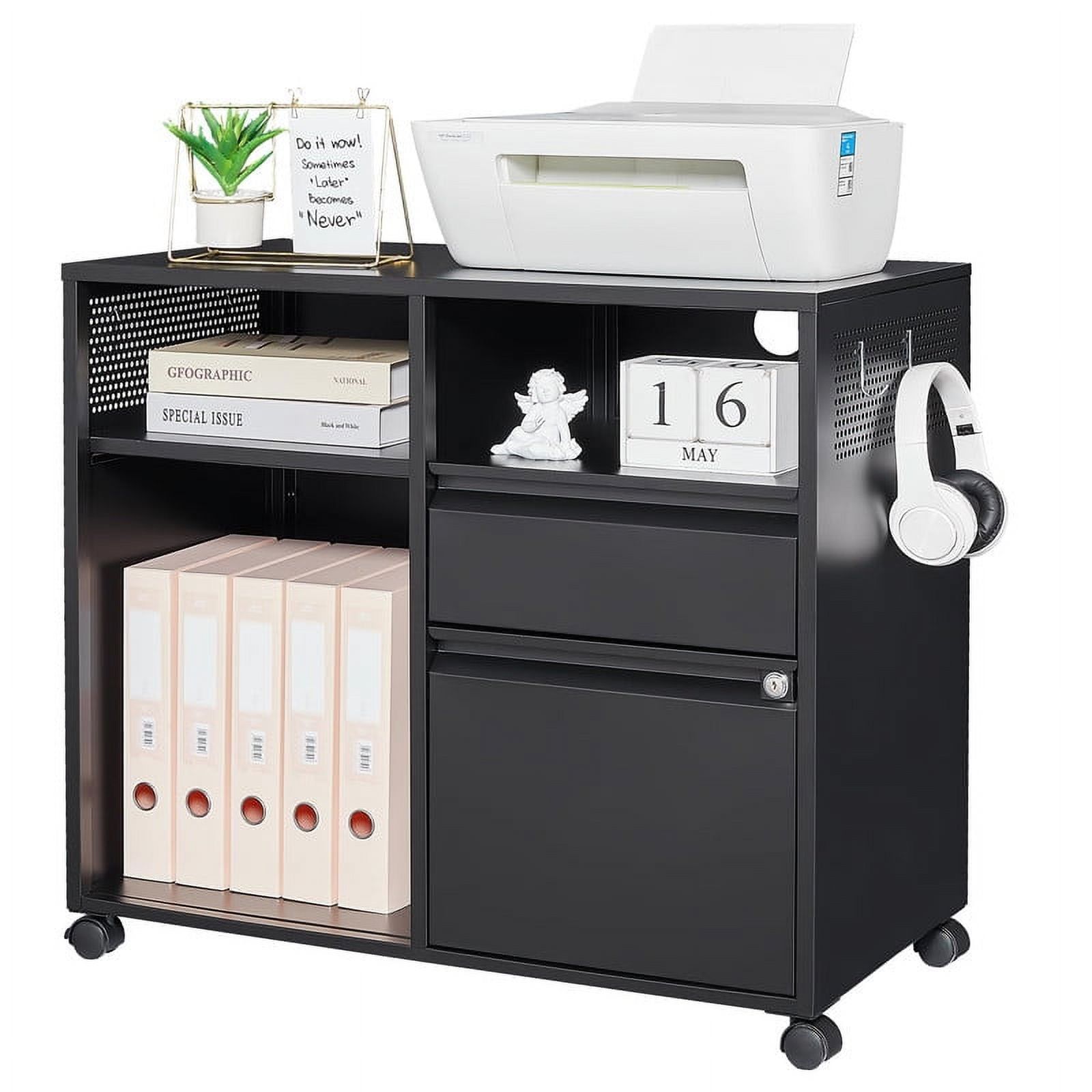 Black Metal Mobile Lateral File Cabinet with Shelves