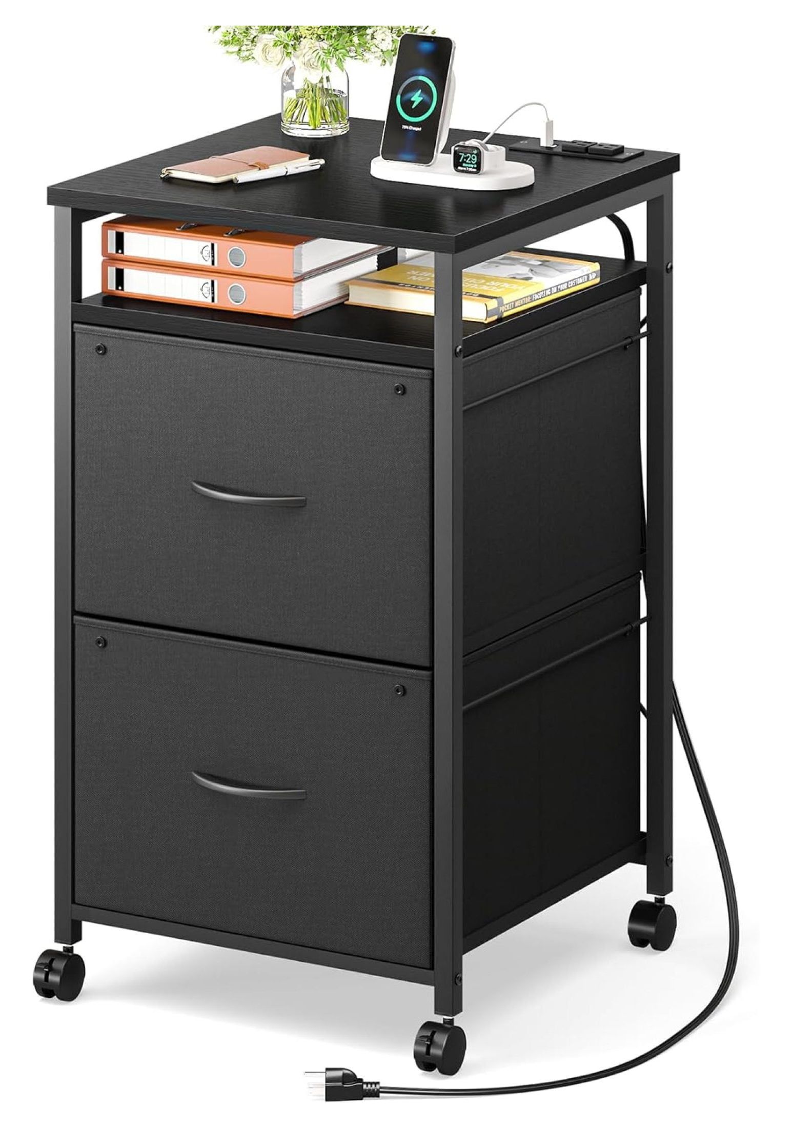 Black Fabric and Steel Mobile File Cabinet with Charging Station