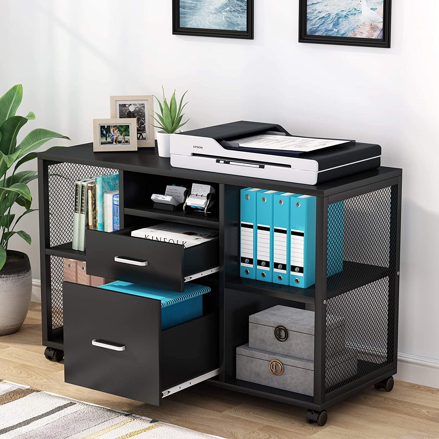 Black Modern 2-Drawer Mobile File Cabinet with Open Shelves