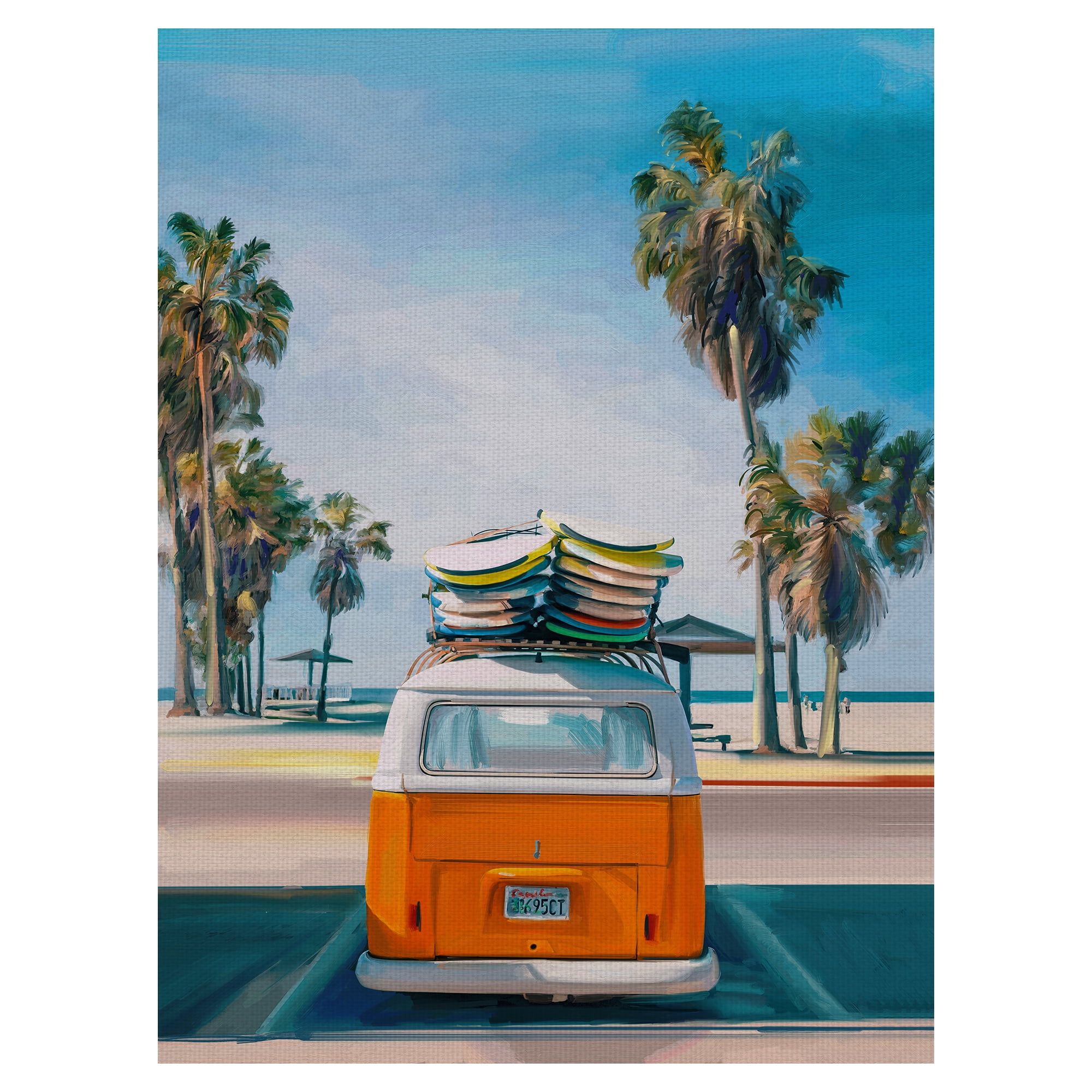 Retro Beach Day Orange Van Coastal Canvas Art for Kids