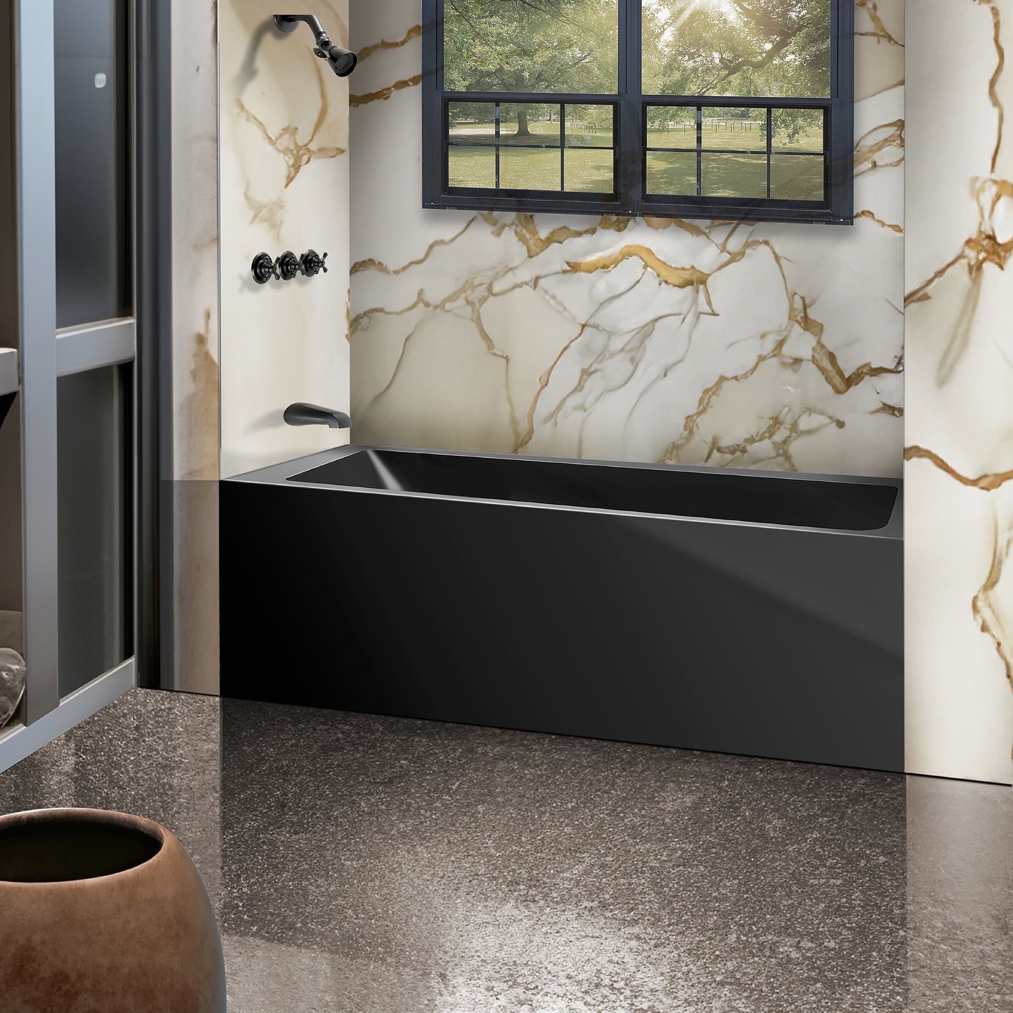 Black Acrylic Alcove Soaking Bathtub with Apron Front, 54" x 30"