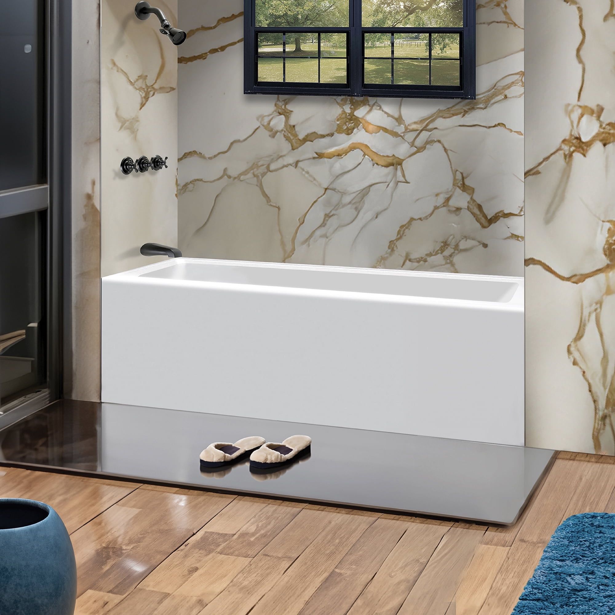 White Acrylic Rectangular Alcove Soaking Bathtub, 60" x 36"