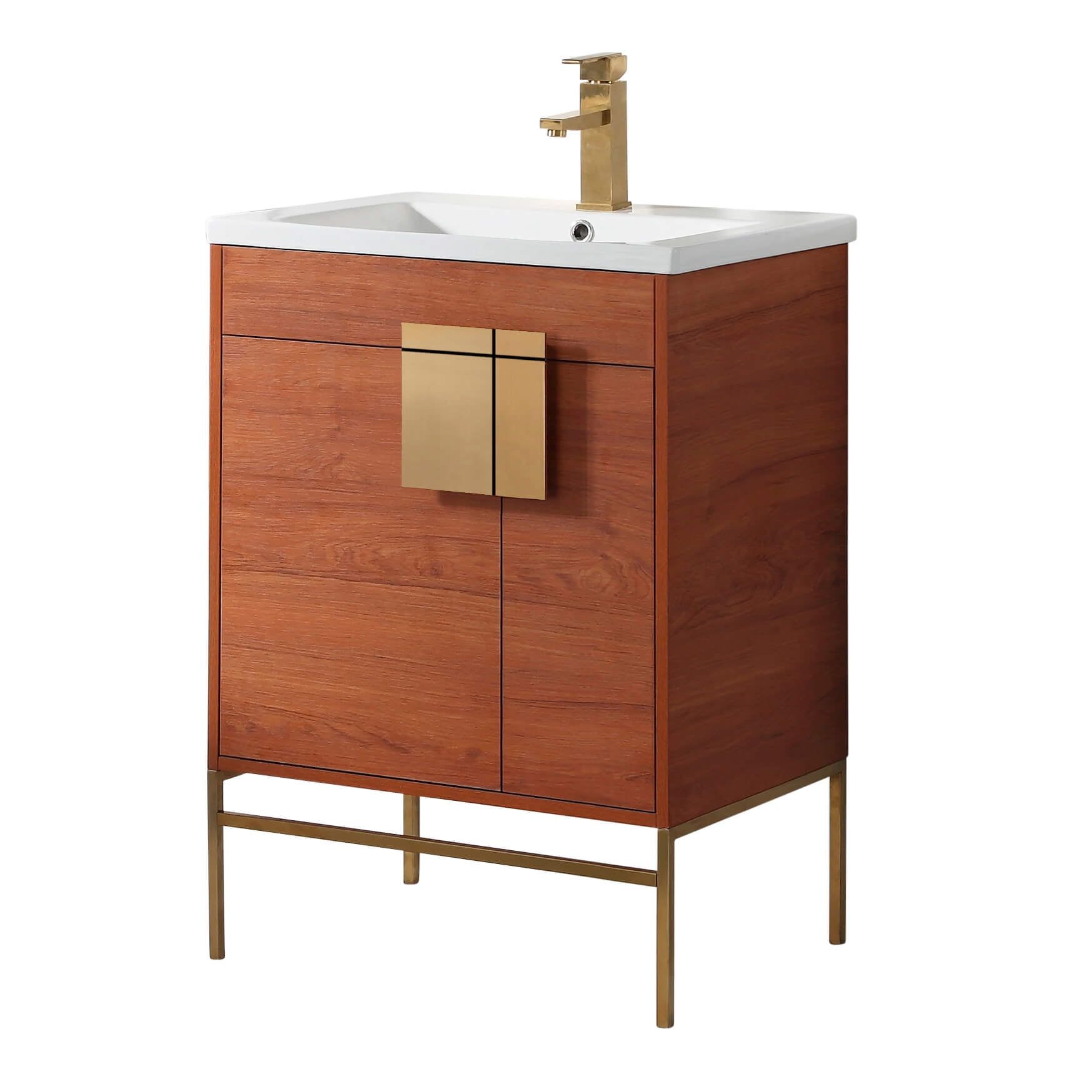 Modern Spicy Walnut 24" Bathroom Vanity Set with Satin Brass Hardware