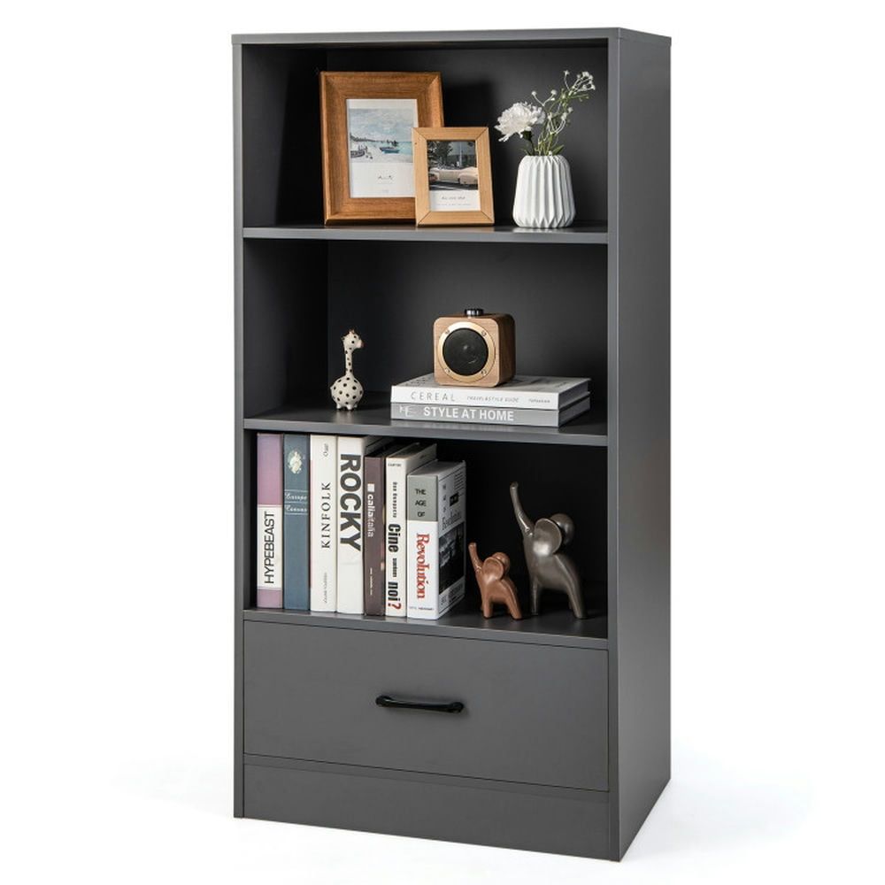 Gray 4-Tier MDF Storage Bookcase with Drawer