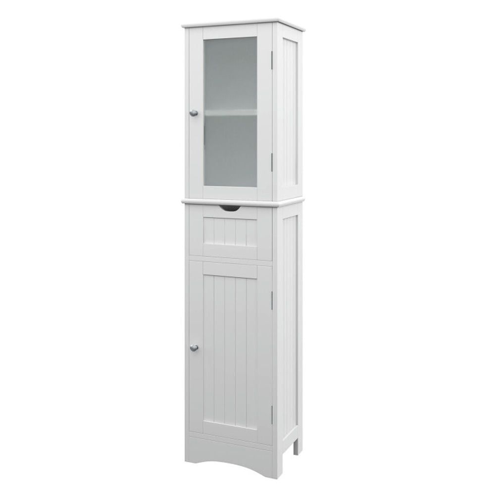 White Tall MDF Cabinet with Adjustable Shelving and Glass Door