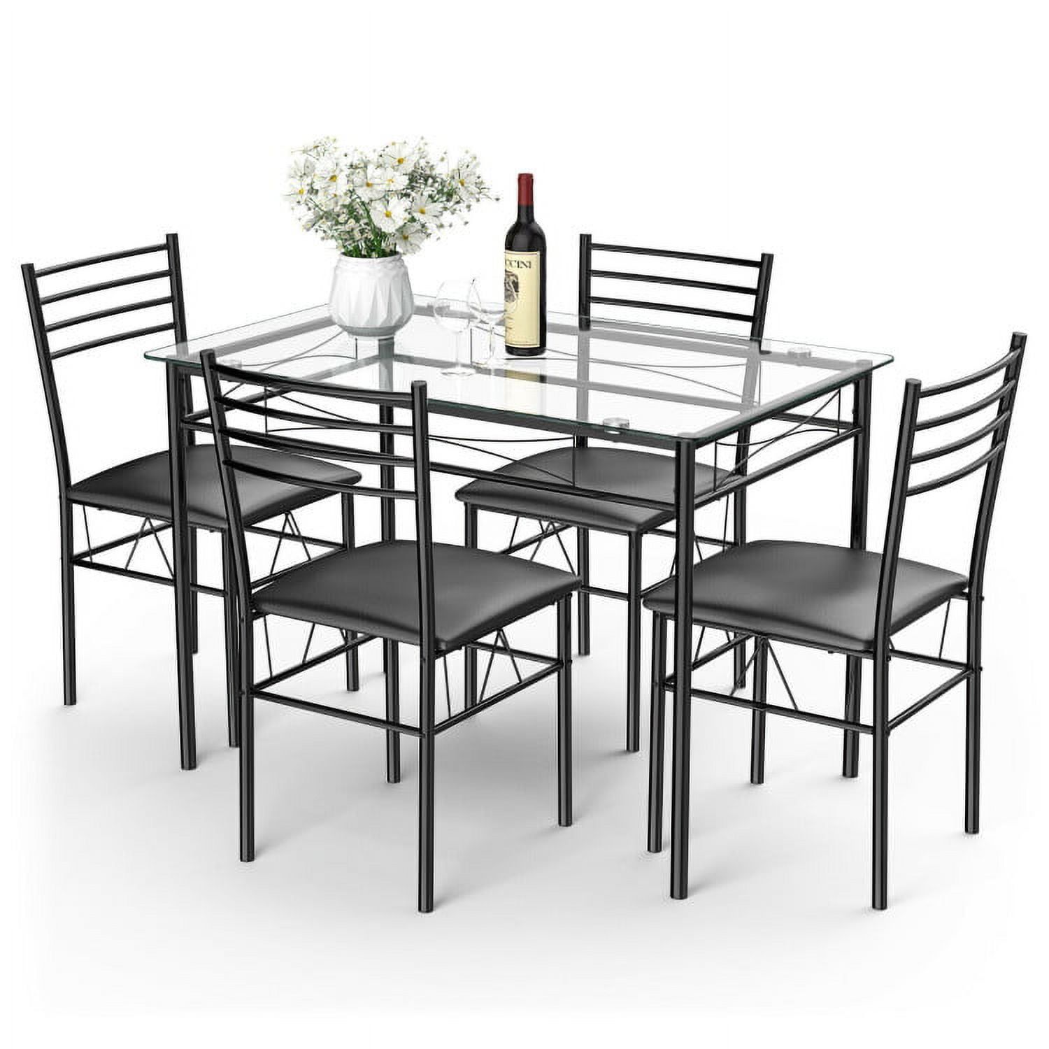 Modern Black Glass Top Dining Table Set with 4 Upholstered Chairs