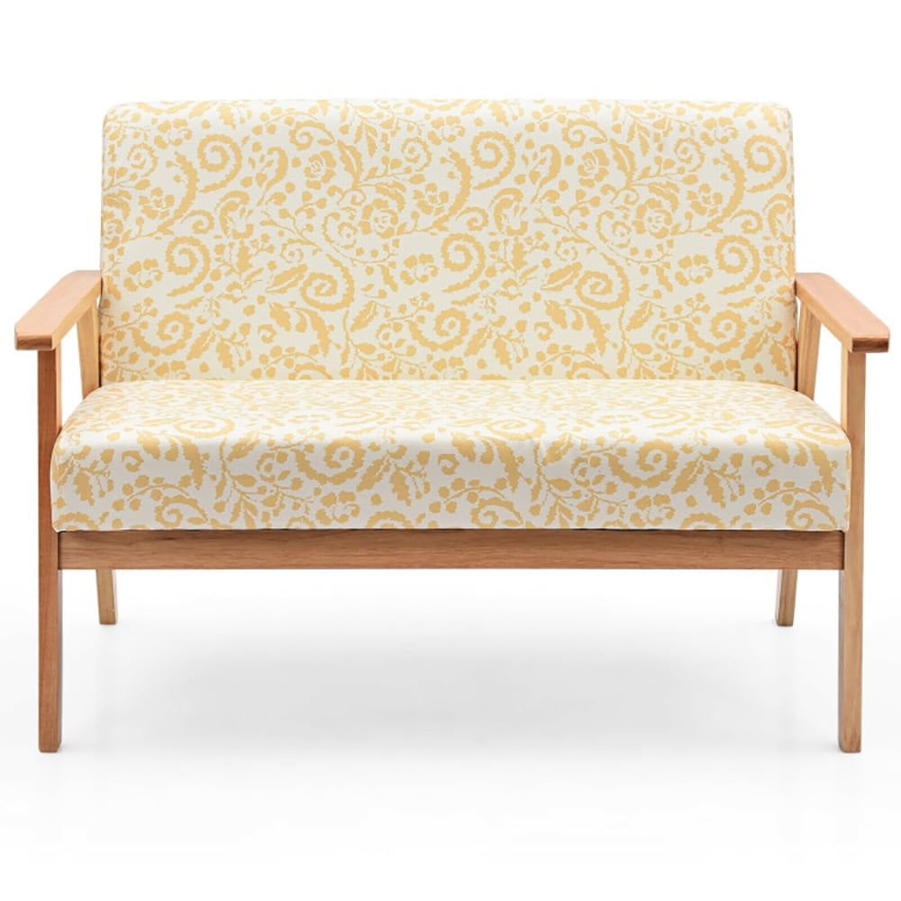 Yellow Floral Linen Upholstered Loveseat with Wood Frame