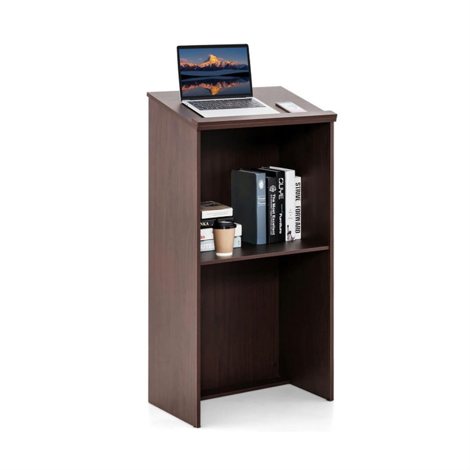 Brown Engineered Wood Floor Standing Podium with Storage Shelves