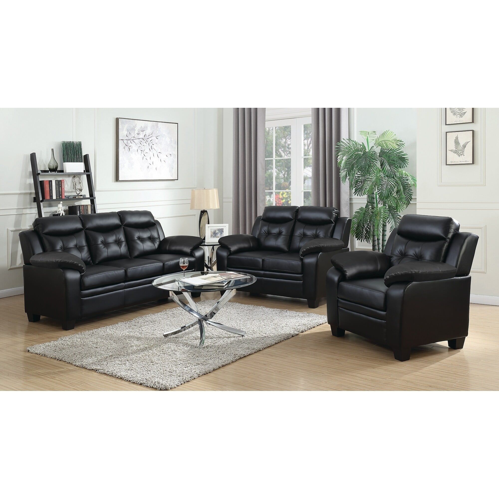 Finley Black Faux Leather 3-Piece Living Room Set