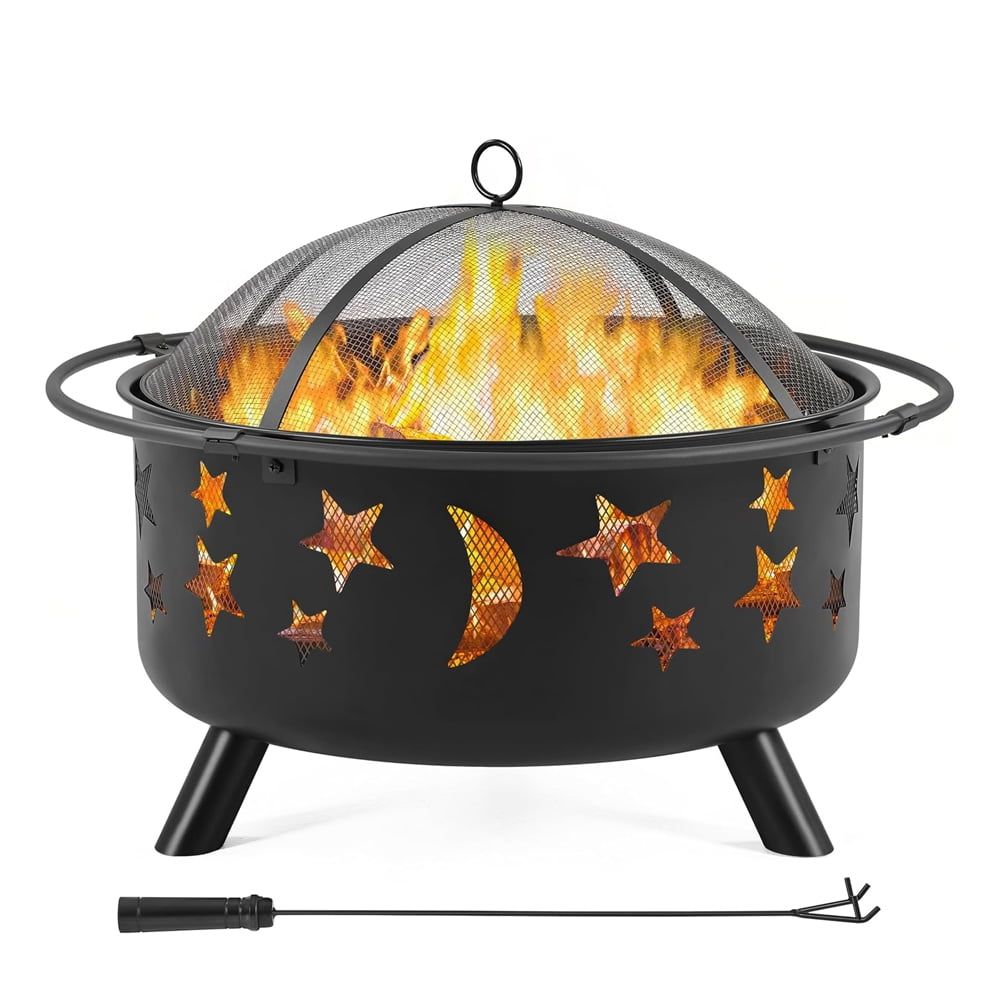 30'' Black Steel Wood Burning Fire Pit Table with Spark Screen