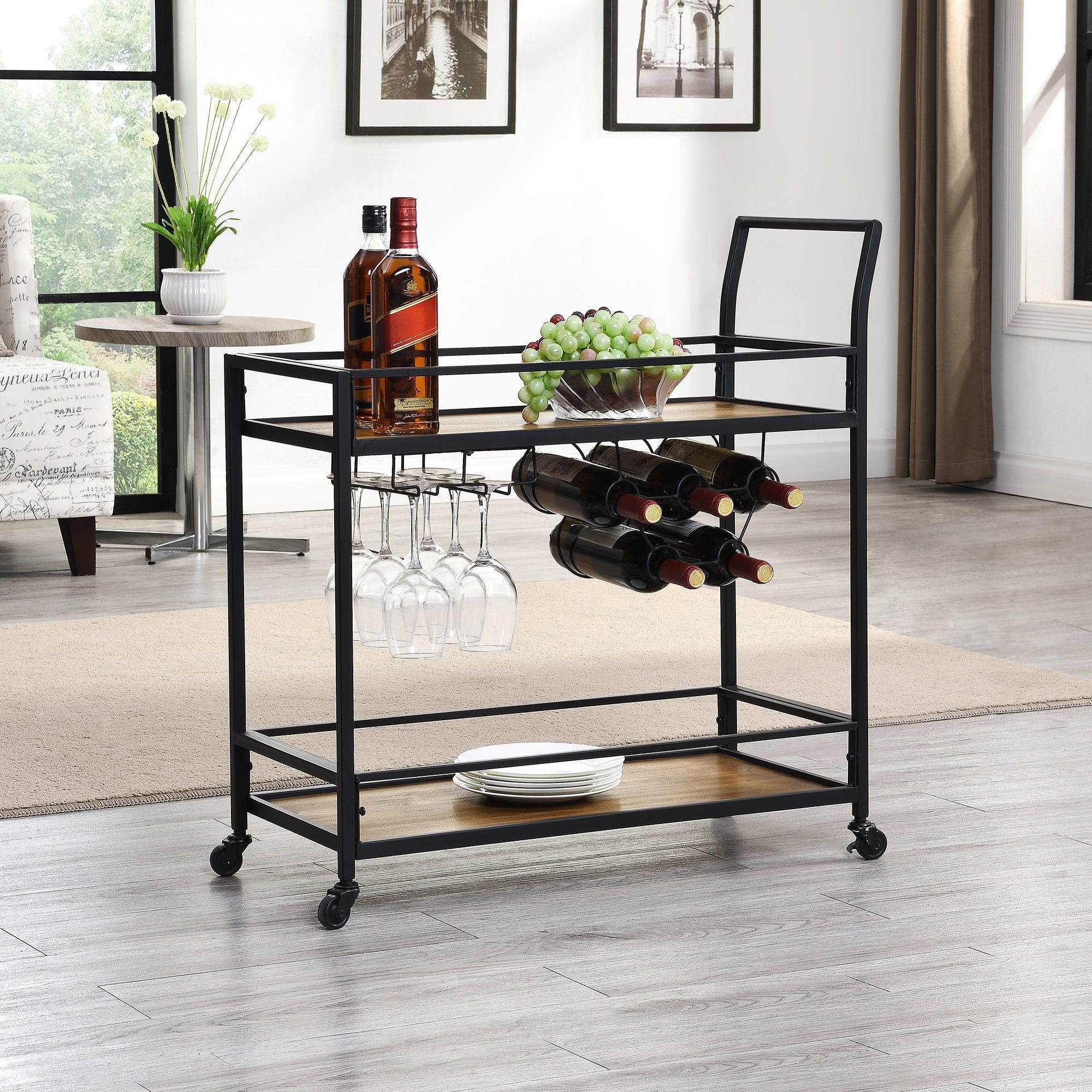 Black and Brown Industrial Bar Cart with Wine Rack