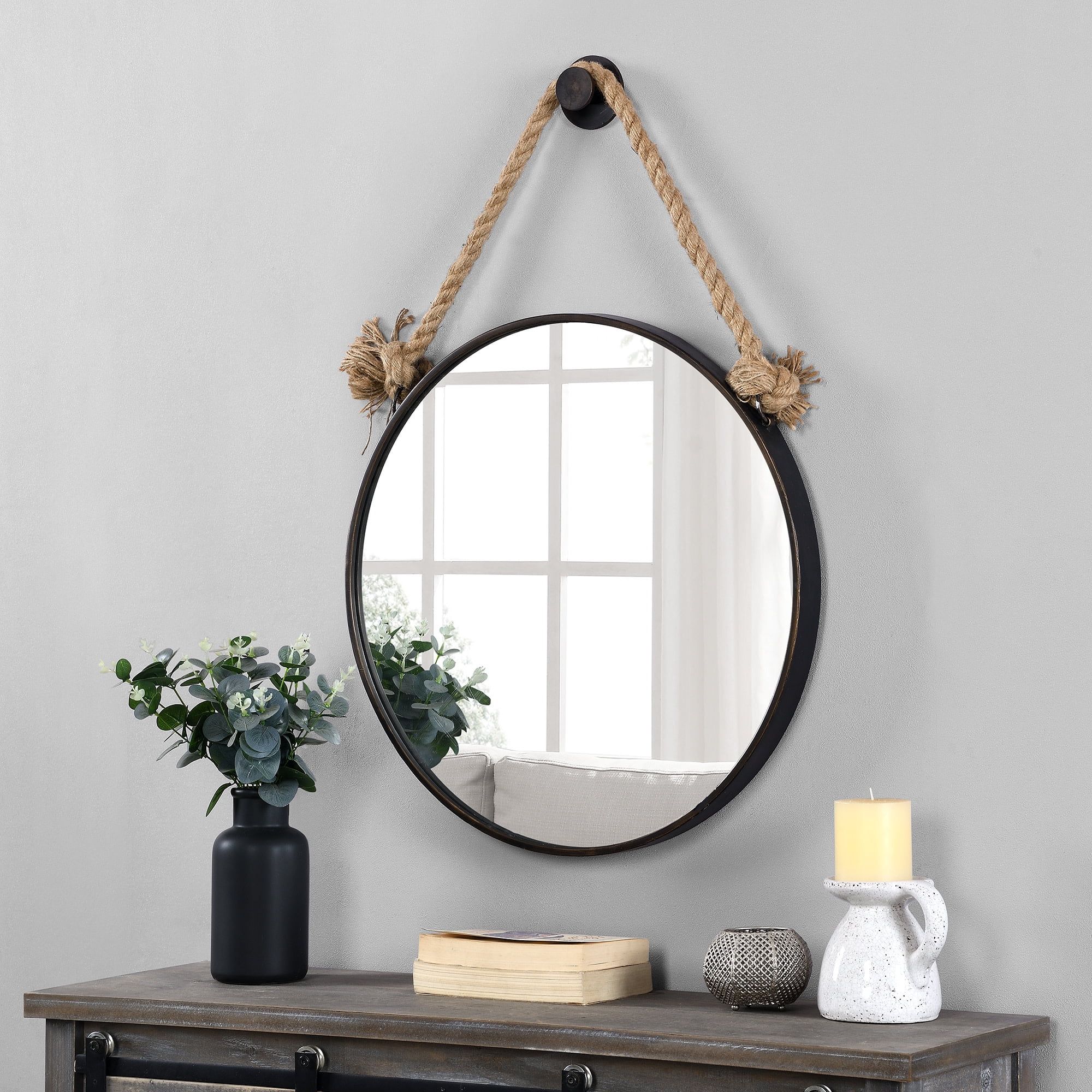 Bronze Round Wall Mirror with Rope Hanger