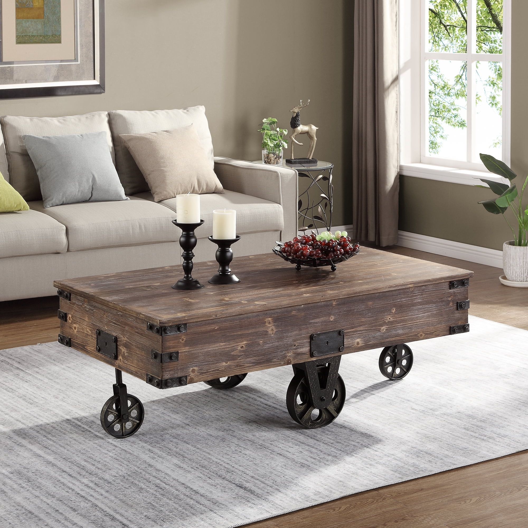 Rustic Brown Wood Factory Cart Coffee Table with Wheels