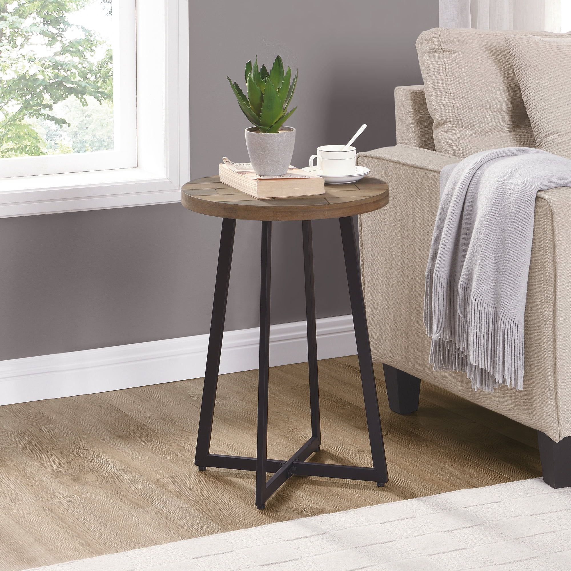 Miles Rustic Round Wood and Metal End Table