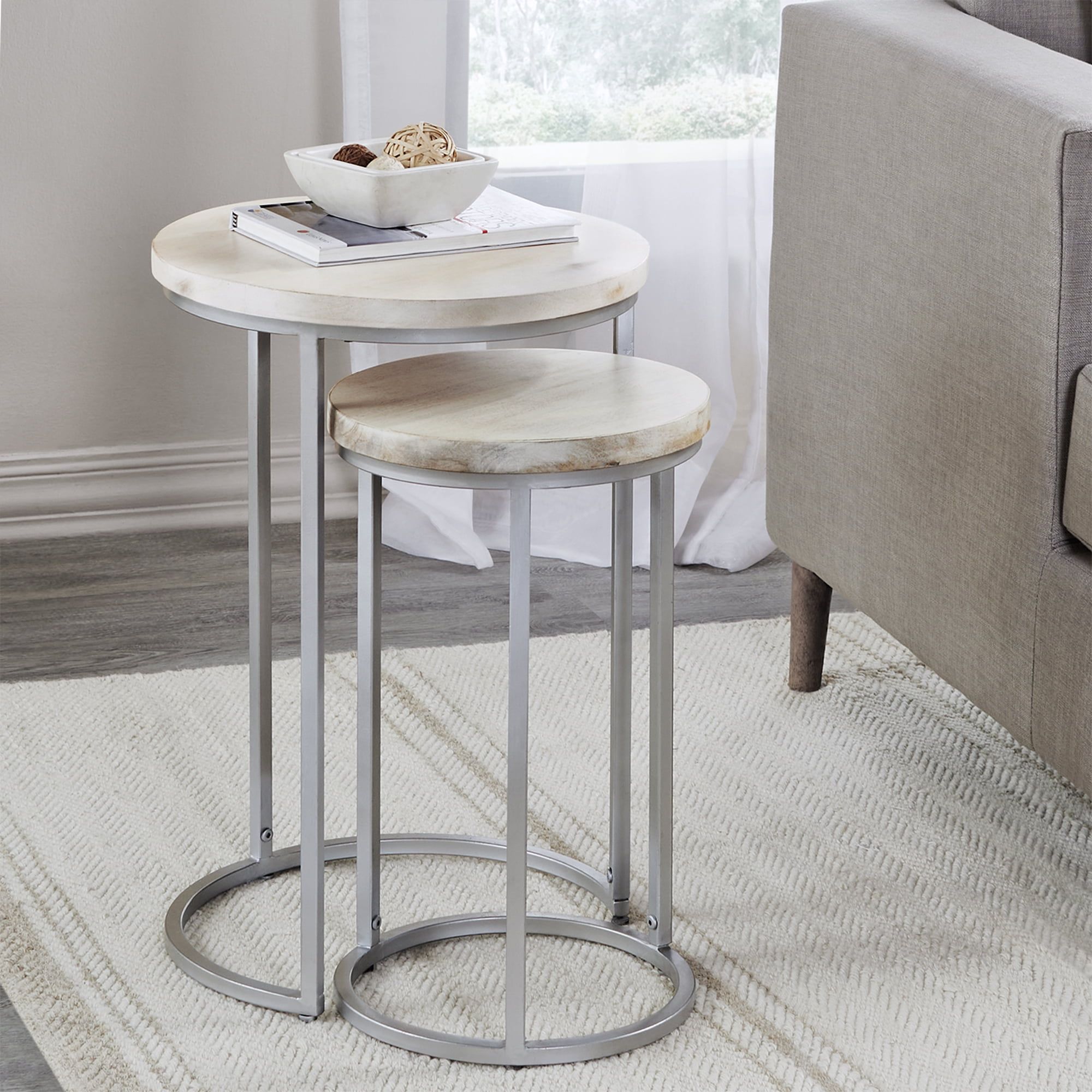 Natural Acacia Wood and Silver Nesting End Table Set