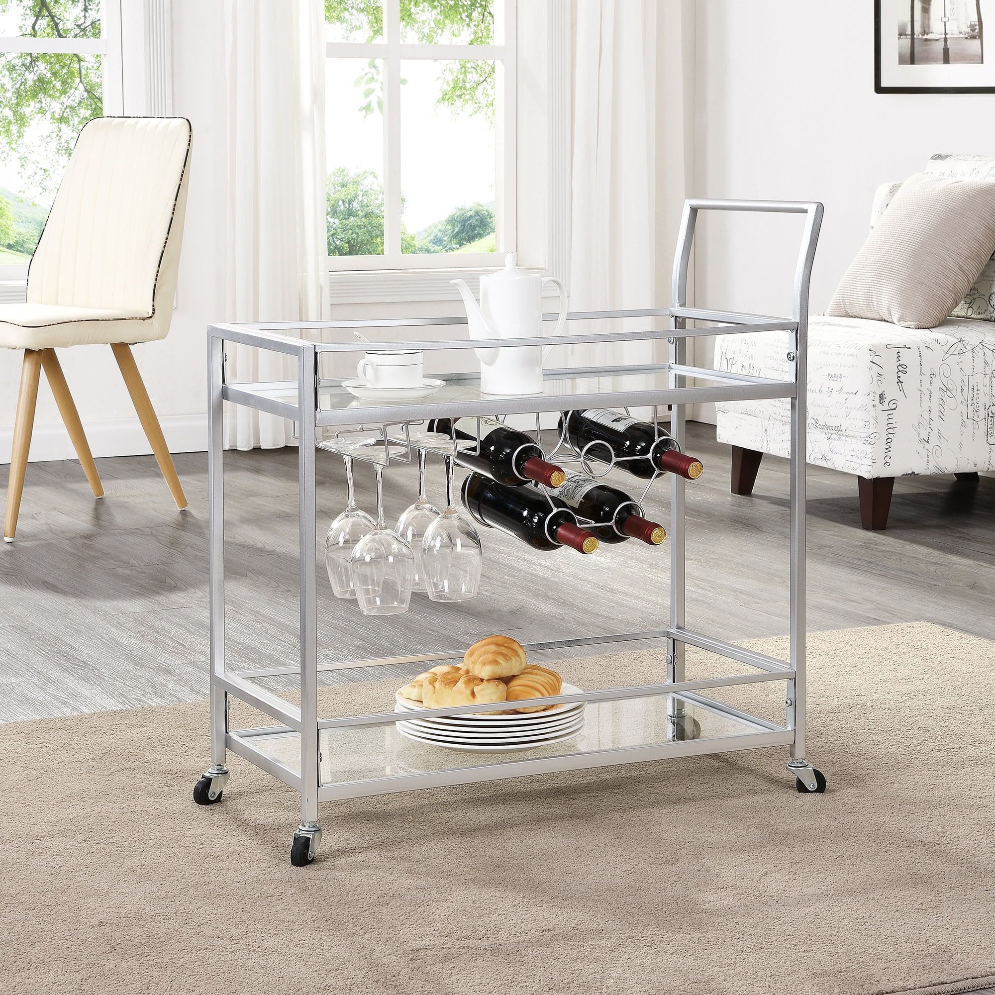 Silver Metal and Glass Bar Cart with Wine Rack