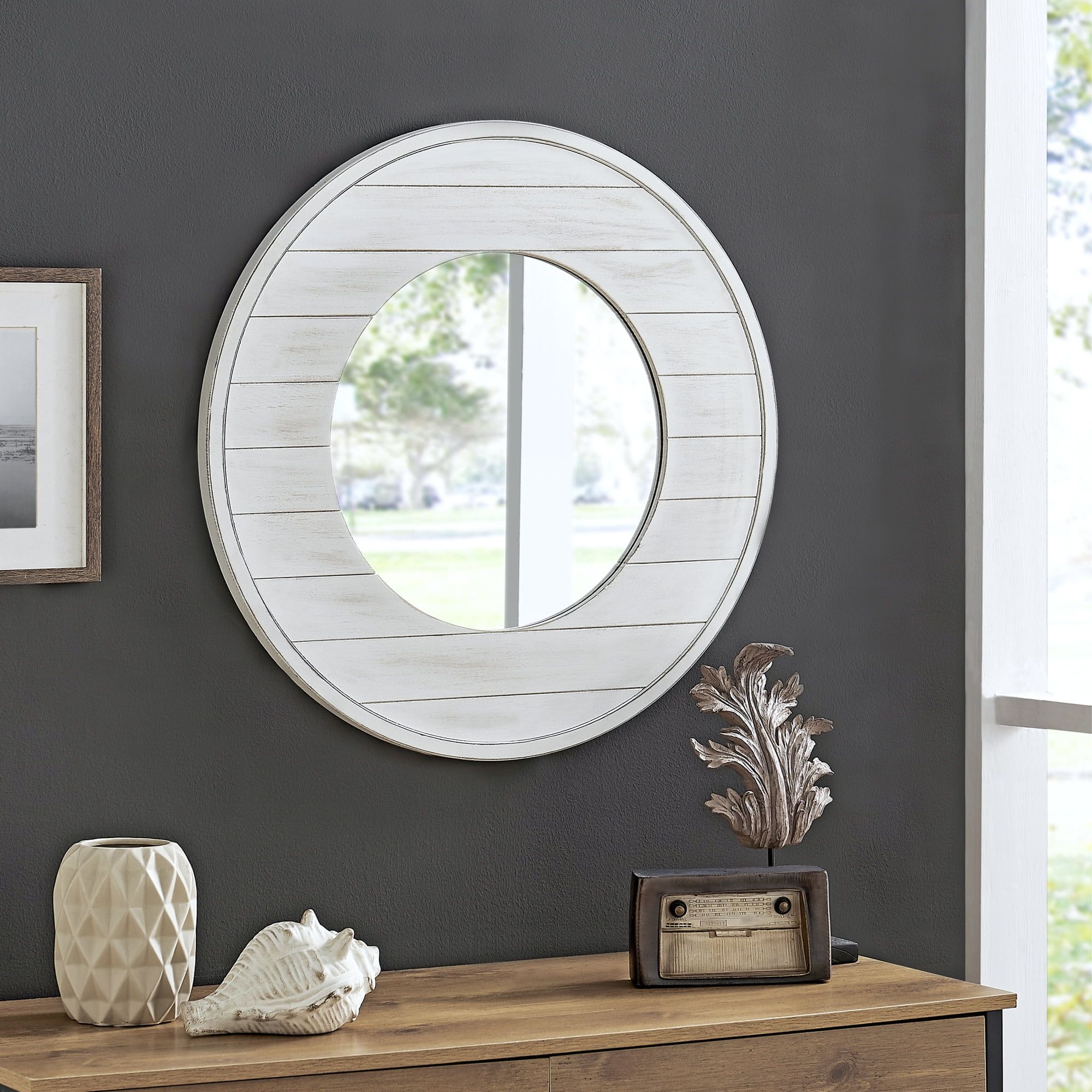 Ellison Round Whitewashed Wood Shiplap Wall Mirror