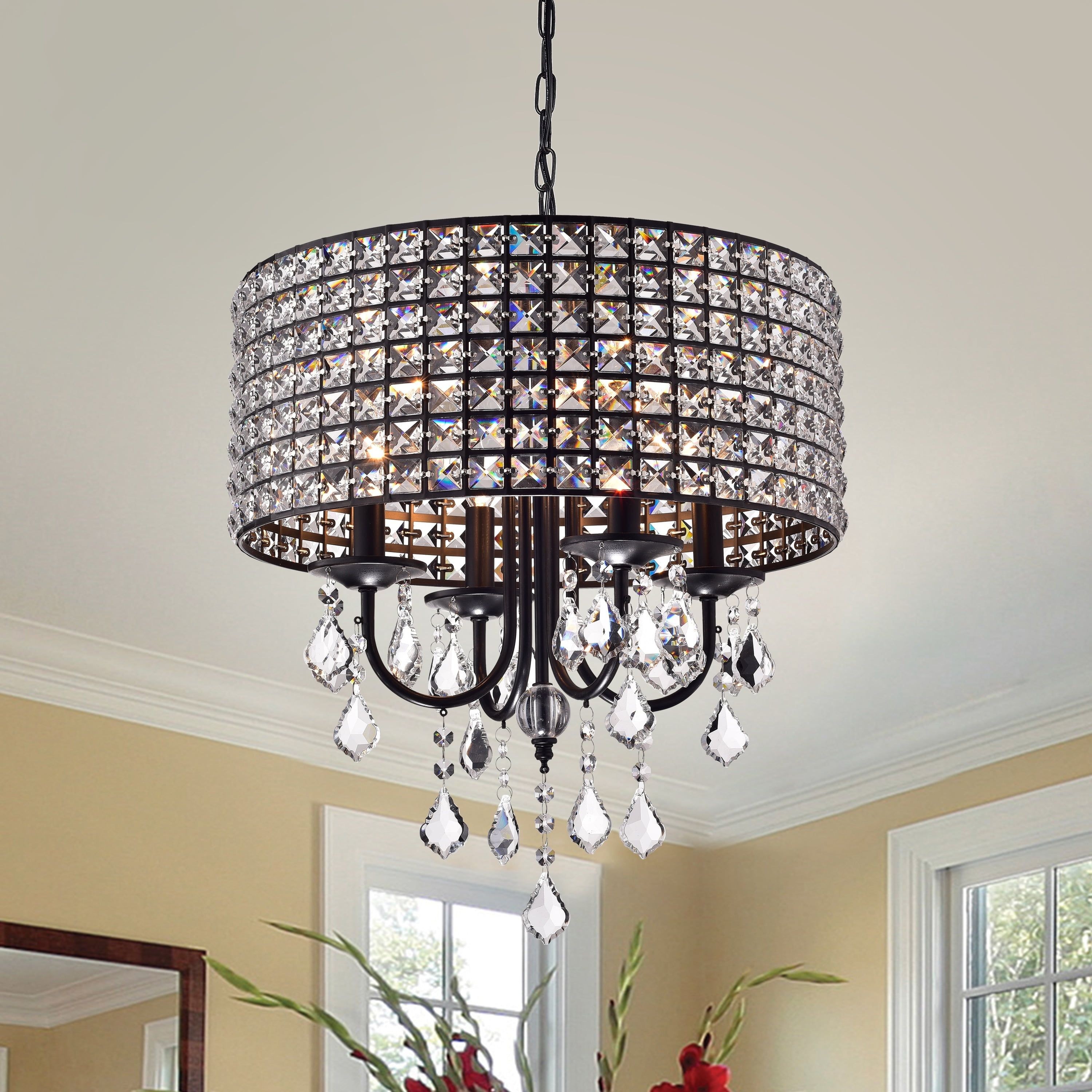 Black Mini Crystal Drum Chandelier with Metal Accents