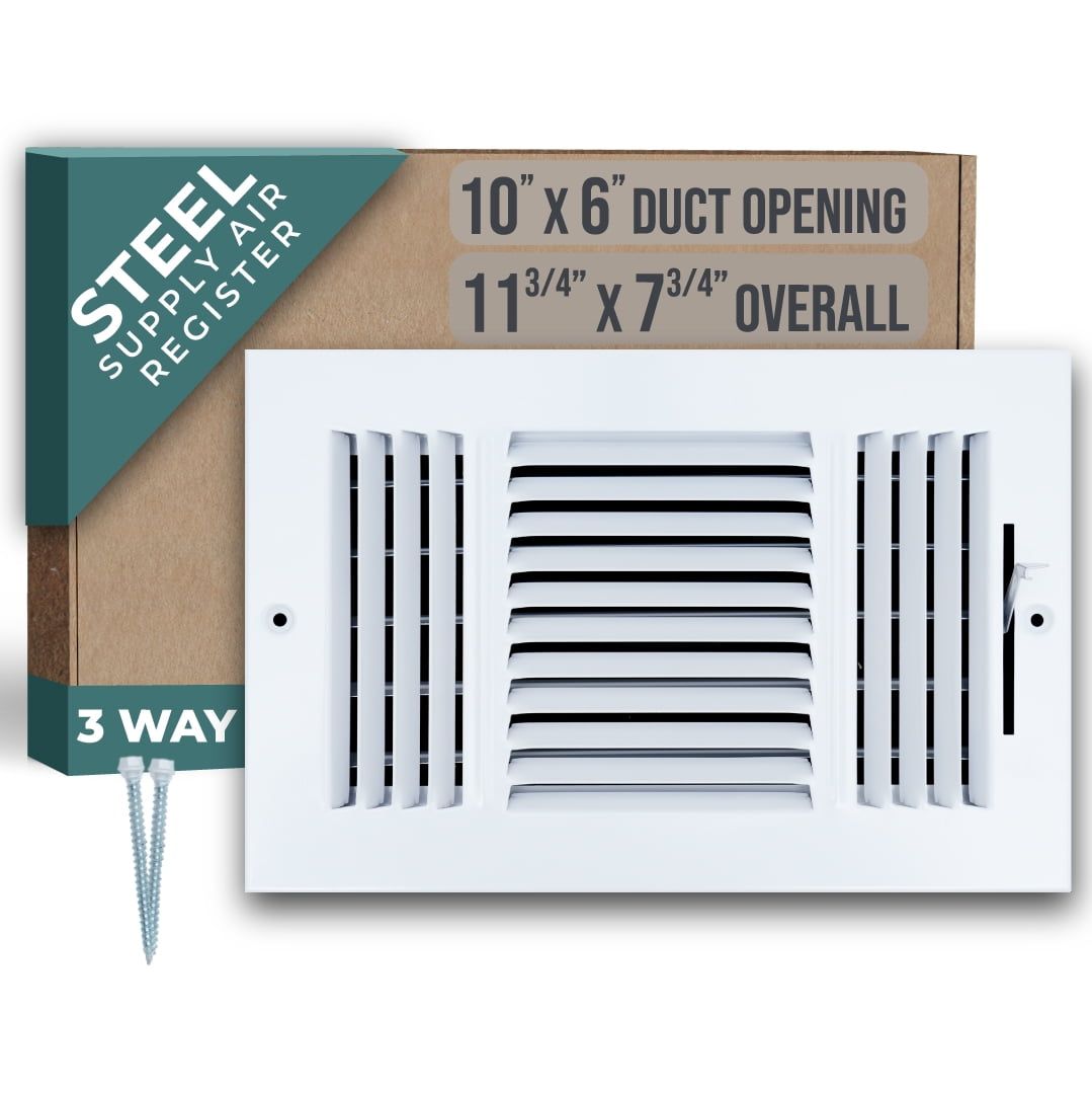 White Steel 10x6 Duct Opening 3-Way Air Supply Register