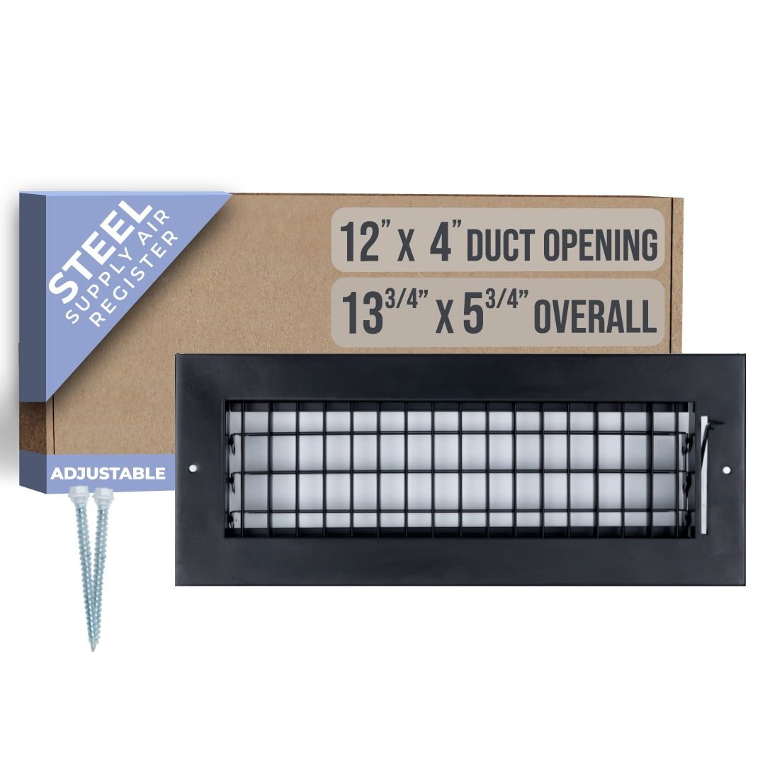 Black Steel Adjustable Air Supply Grille for 12x4 Duct Opening