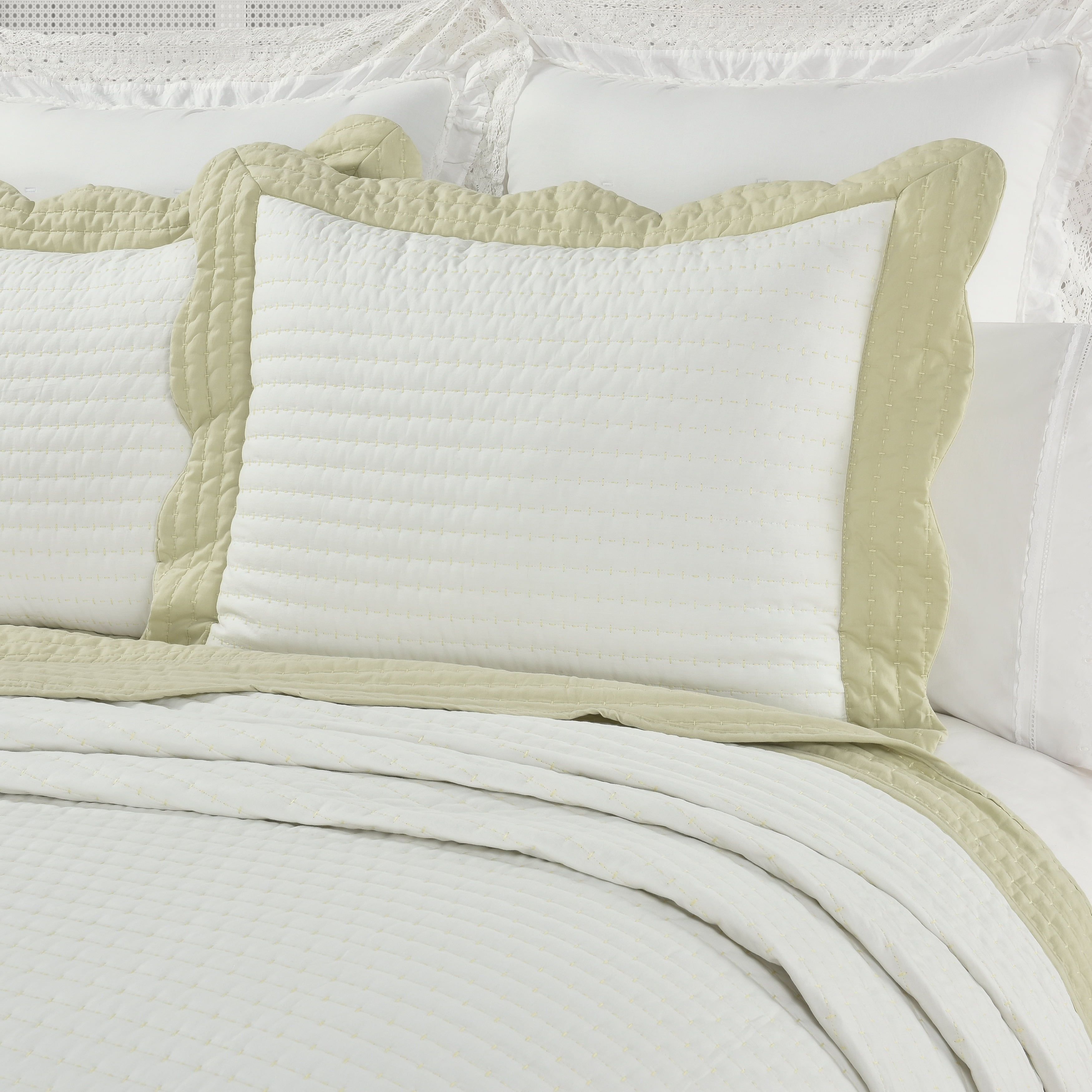 King White and Green Quilted Cotton Sham