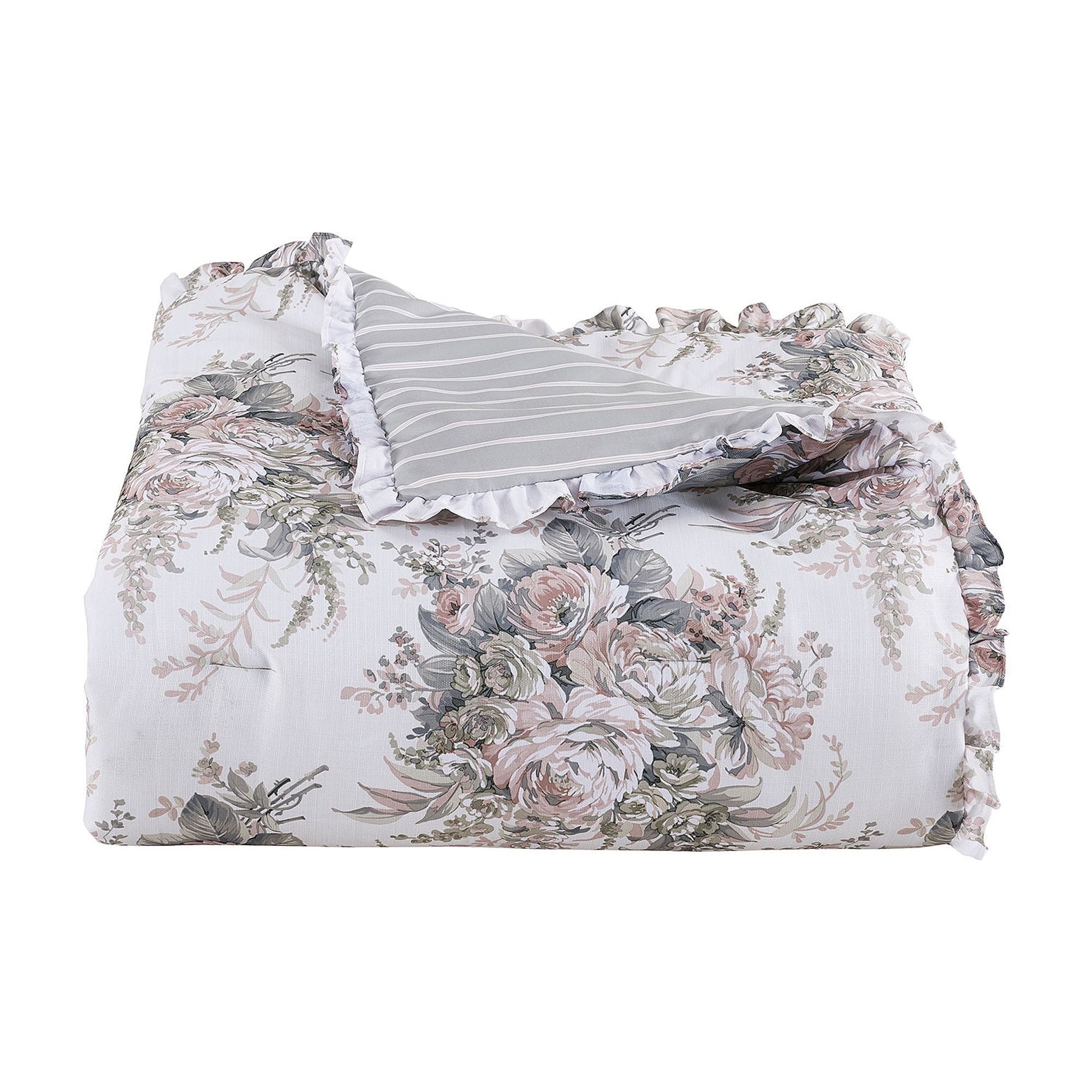 Estelle Blush Floral Reversible Full Bedding Set with Frills