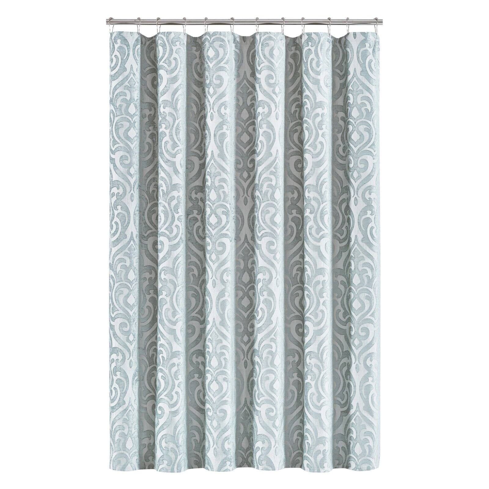 Sarah Spa Blue Woven Jacquard Damask Shower Curtain