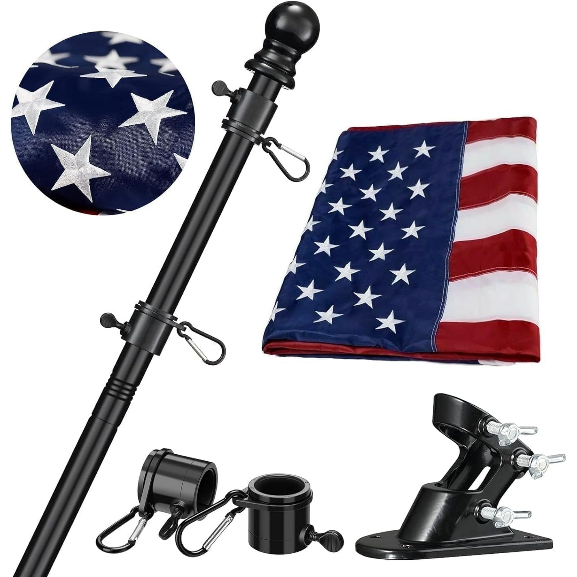 Black 6ft Stainless Steel Flag Pole Kit with Embroidered US Flag and Bracket