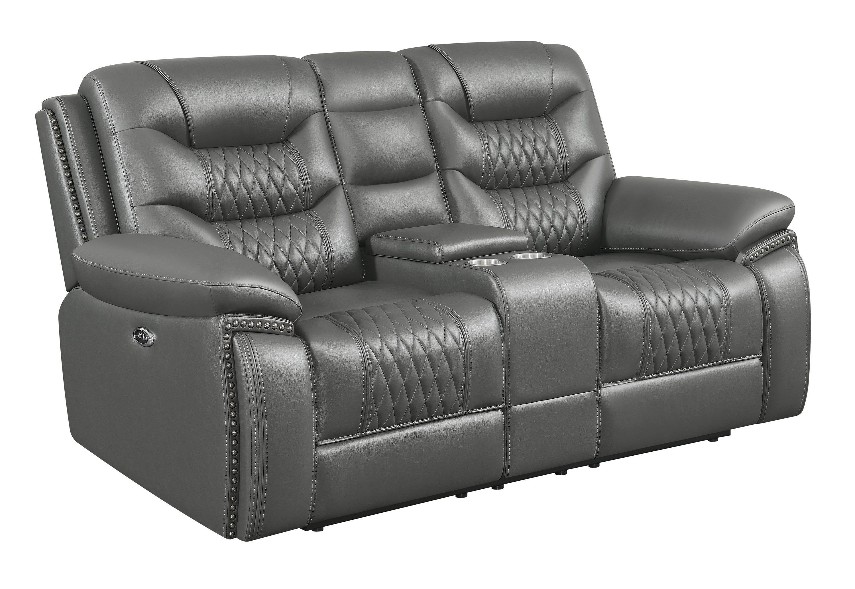 Transitional Tufted Brown Faux Leather Power Reclining Loveseat with Storage