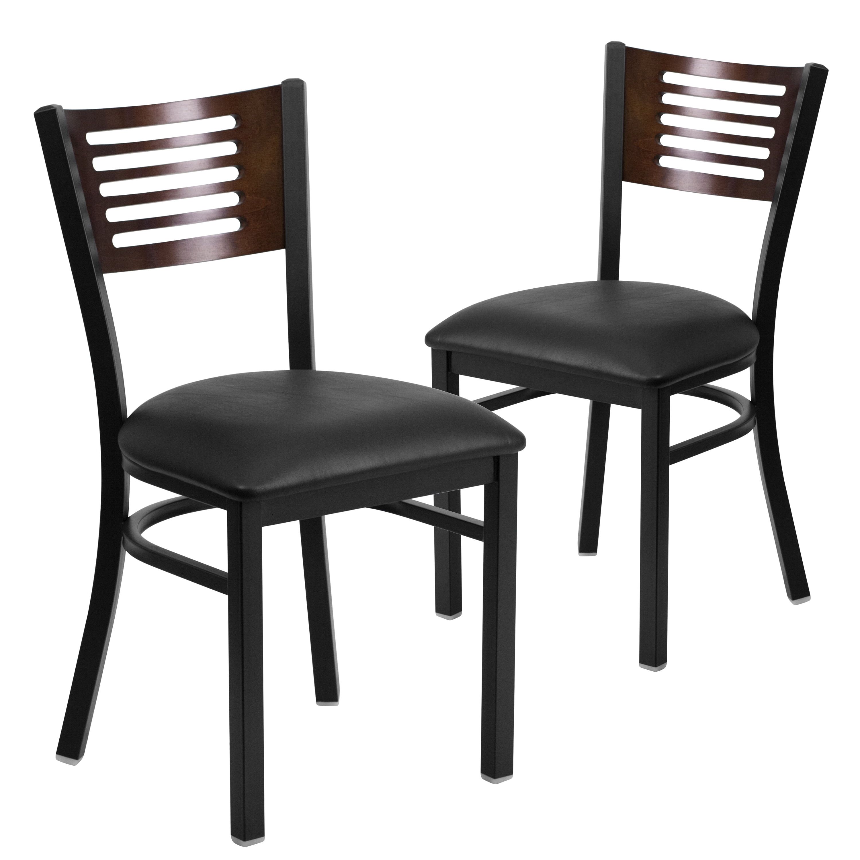 Black Metal Slat Back Dining Chairs with Walnut Wood and Vinyl Seats, Set of 2