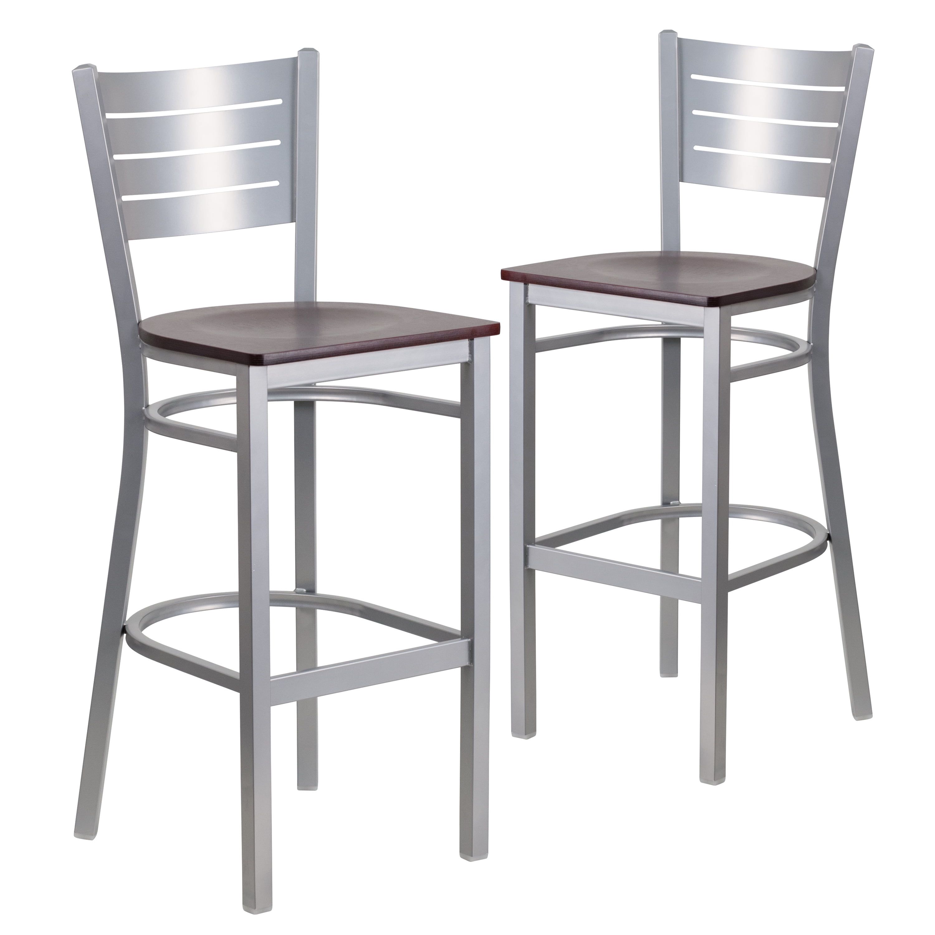 Silver Slat Back Metal Barstool with Mahogany Wood Seat