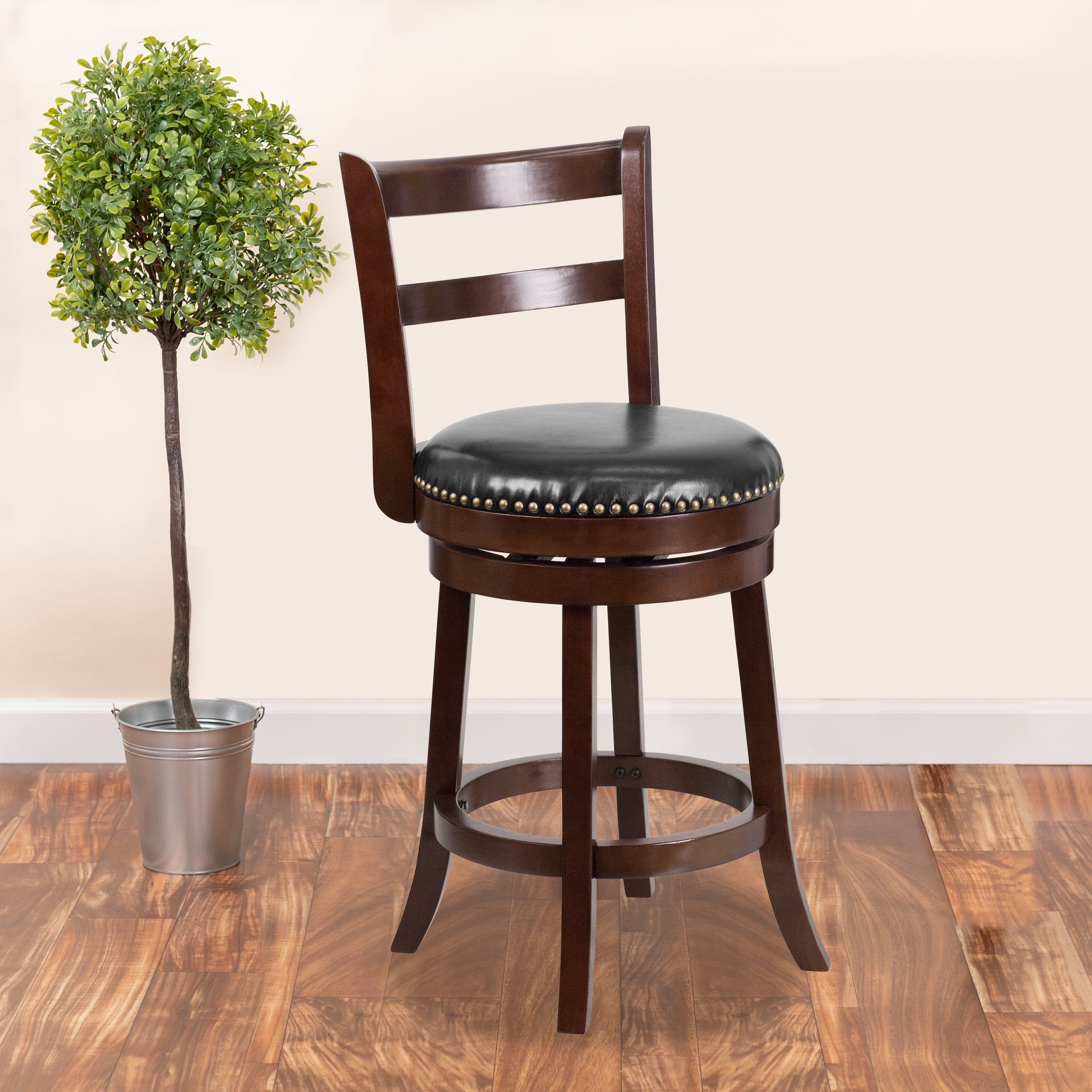 Cappuccino Wood and Black Leather Swivel Counter Stool, 26'' High