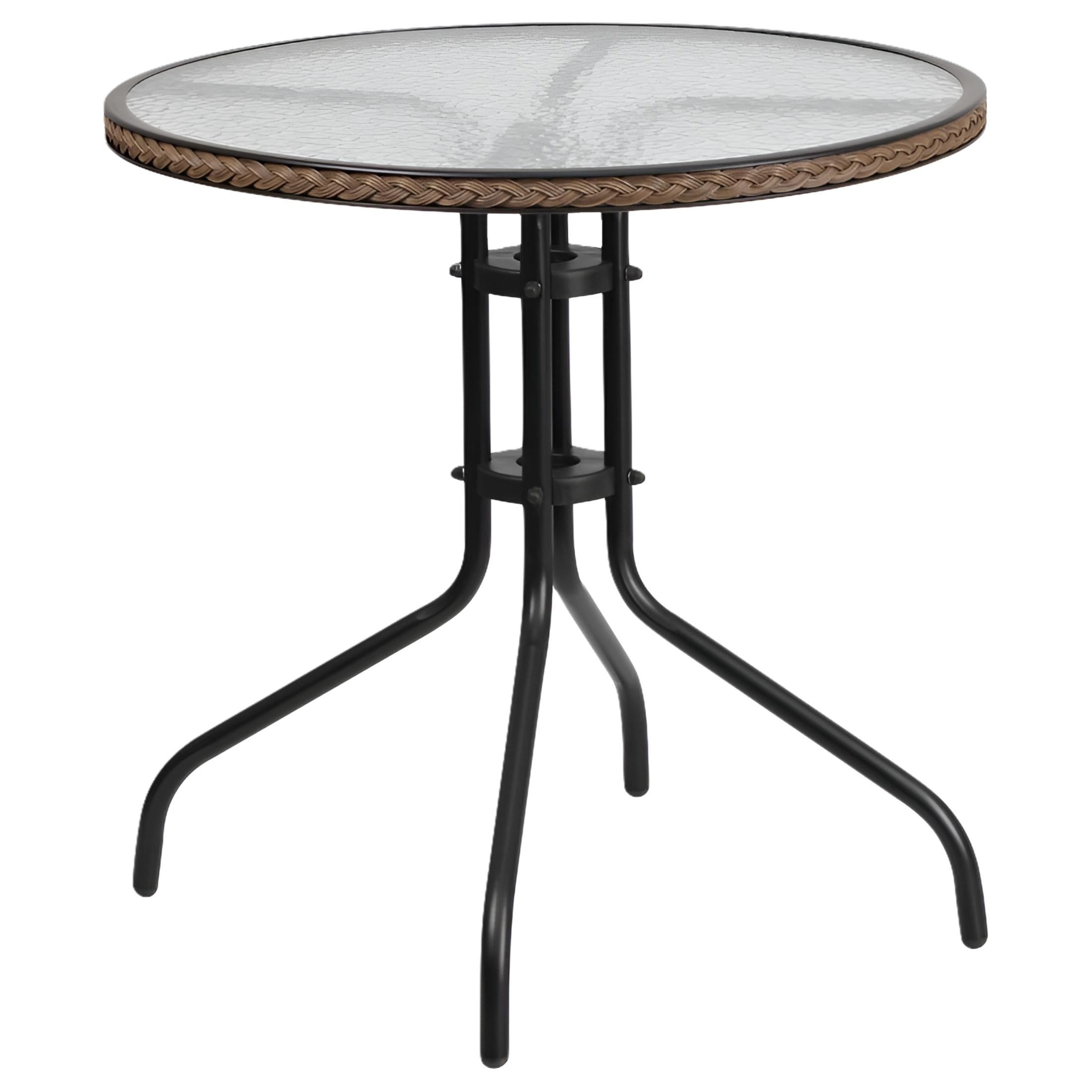 28'' Round Clear Glass Table with Dark Brown Rattan Edging