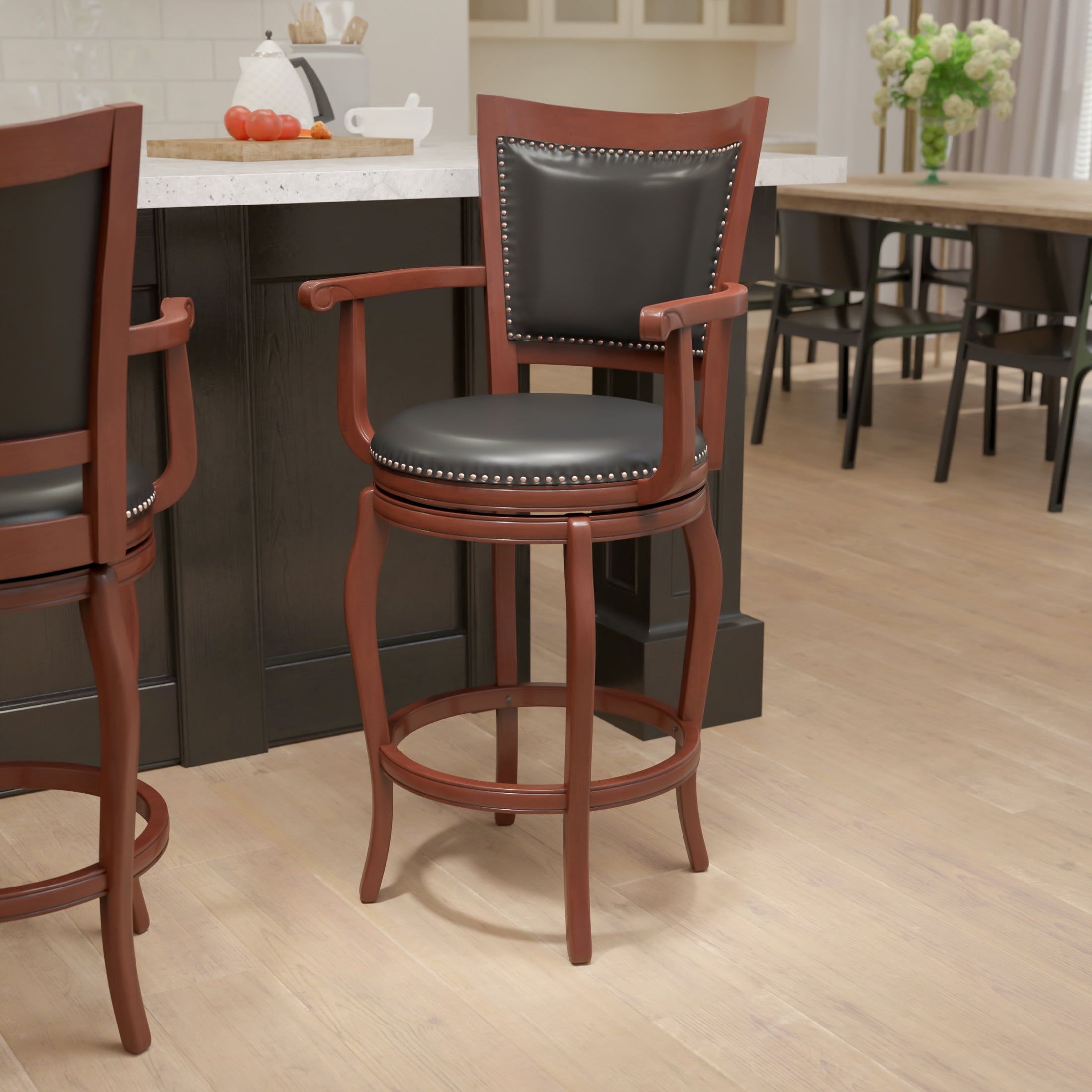 Elegant Cherry Wood Swivel Barstool with Black Leather Seat and Nailhead Trim