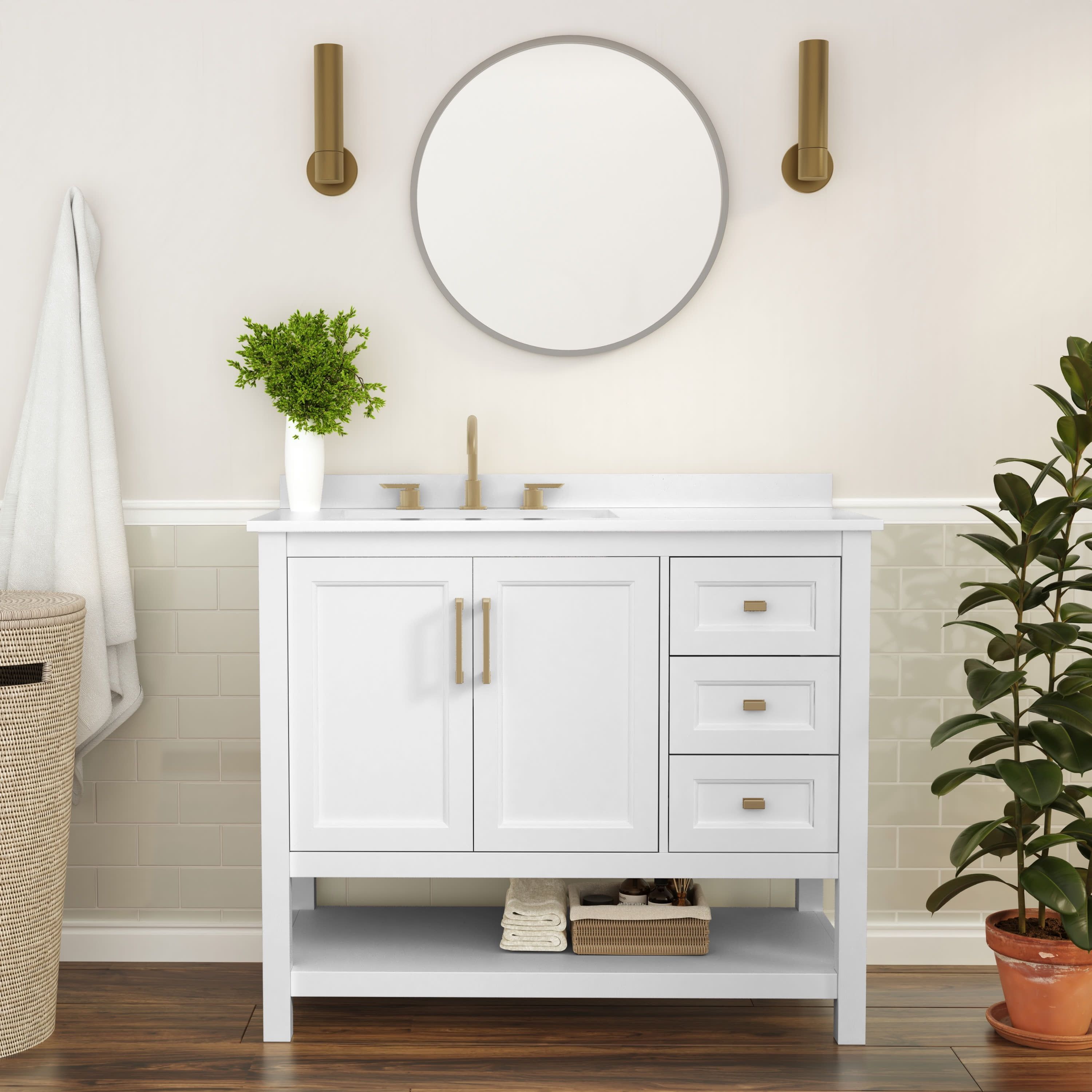 White and Gold 42" Bathroom Vanity with Carrara Marble Top