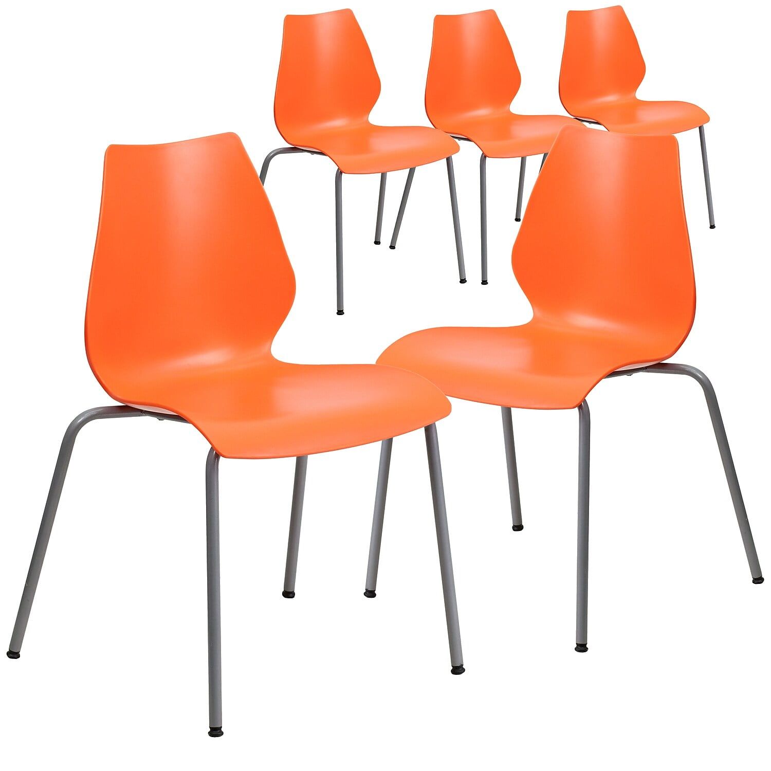 Armless Orange Metal Stacking Chair with Lumbar Support