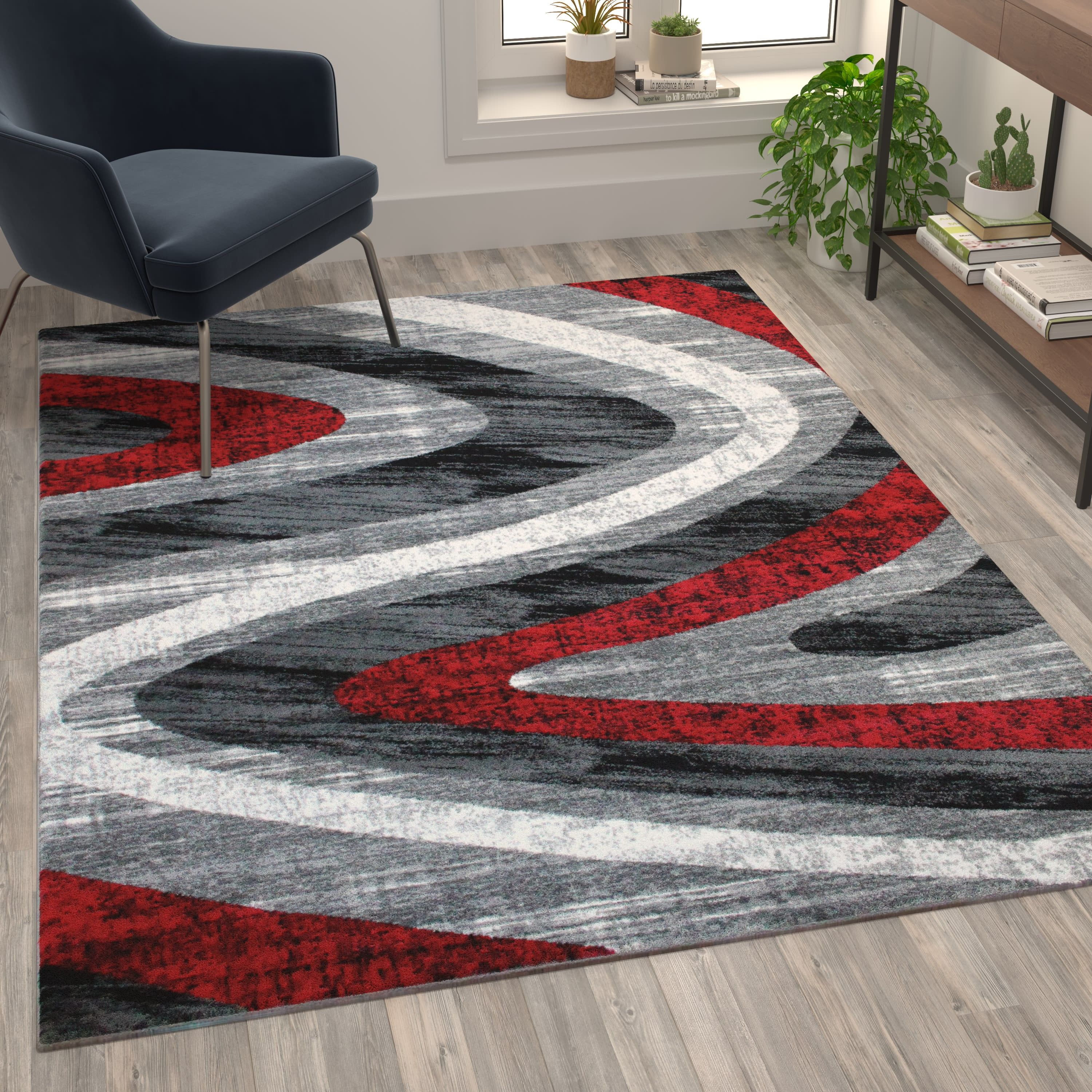 Reversible Red Wave 5' x 7' Synthetic Area Rug with Jute Backing