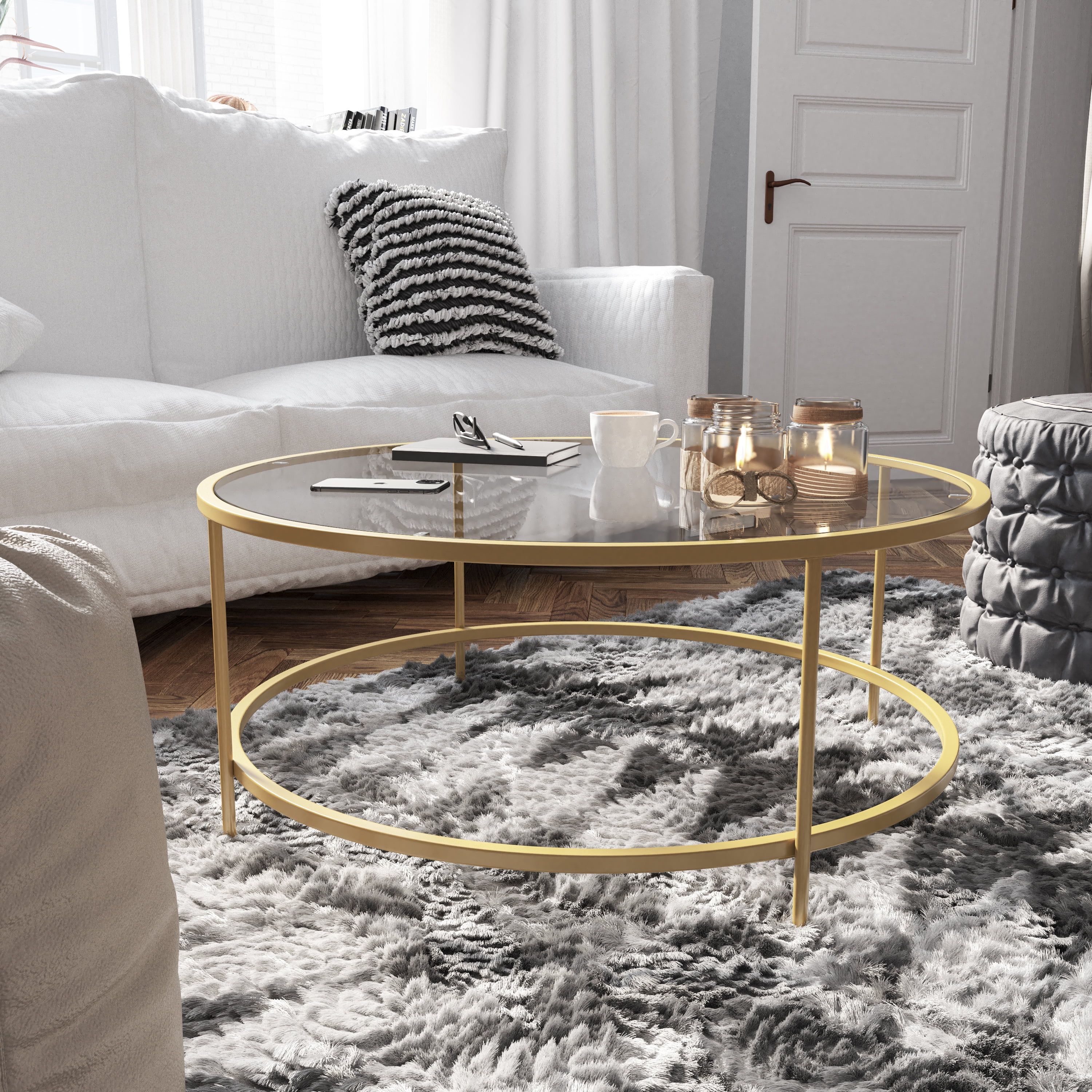 Elegant 35'' Round Glass Coffee Table with Matte Gold Steel Legs