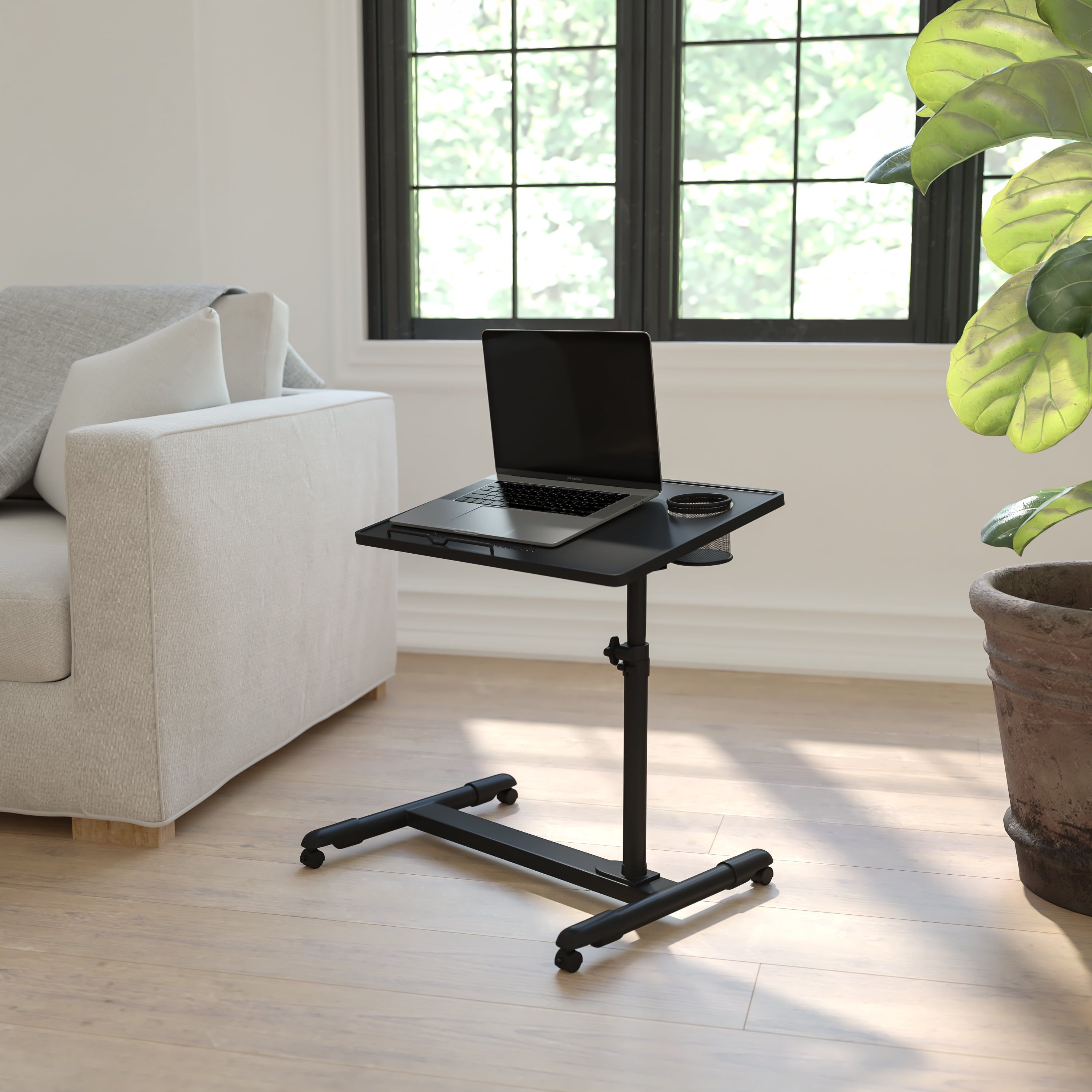 Black Adjustable Height Steel Mobile Laptop Cart with Cup Holder