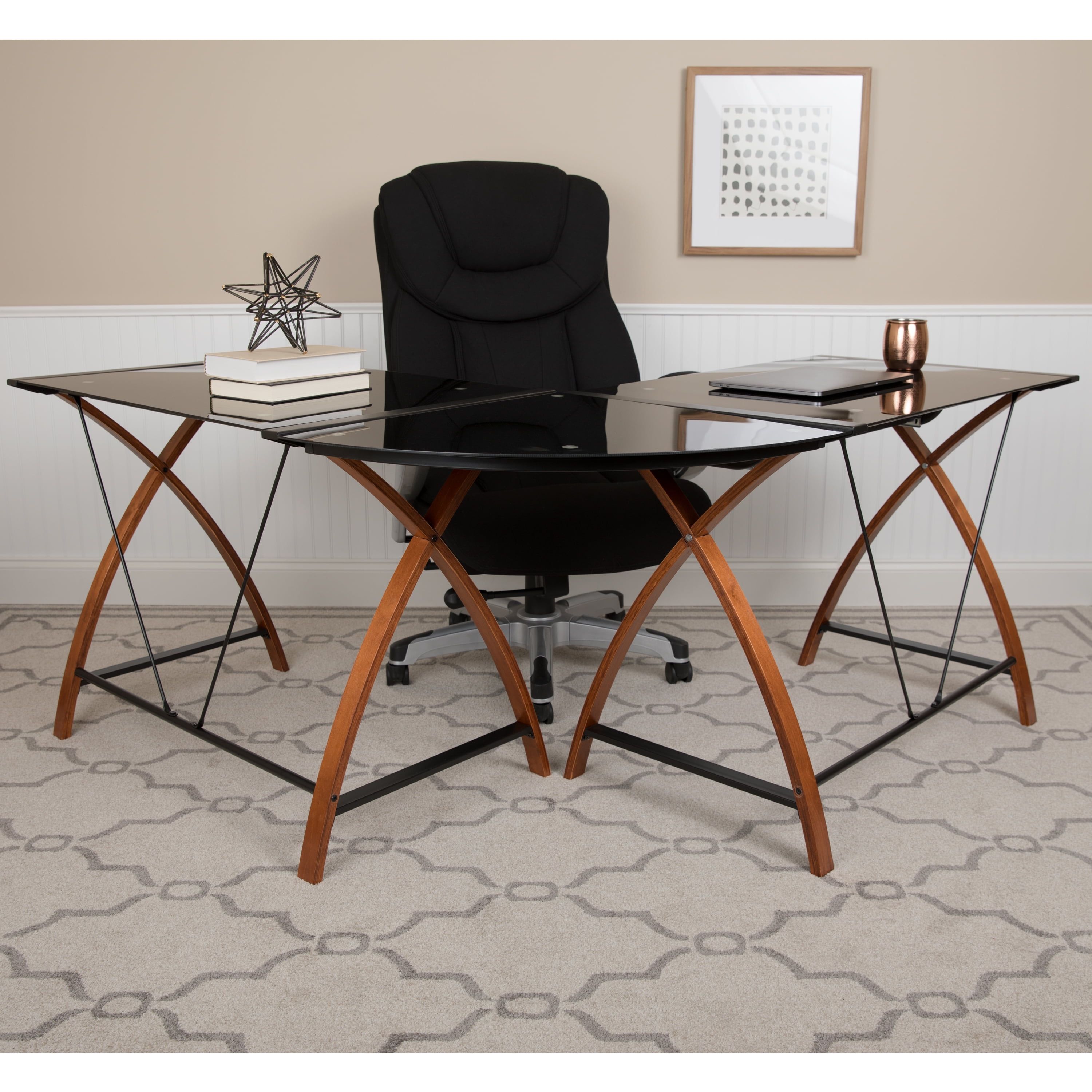 Black Glass L-Shaped Corner Desk with Cherry Crisscross Legs