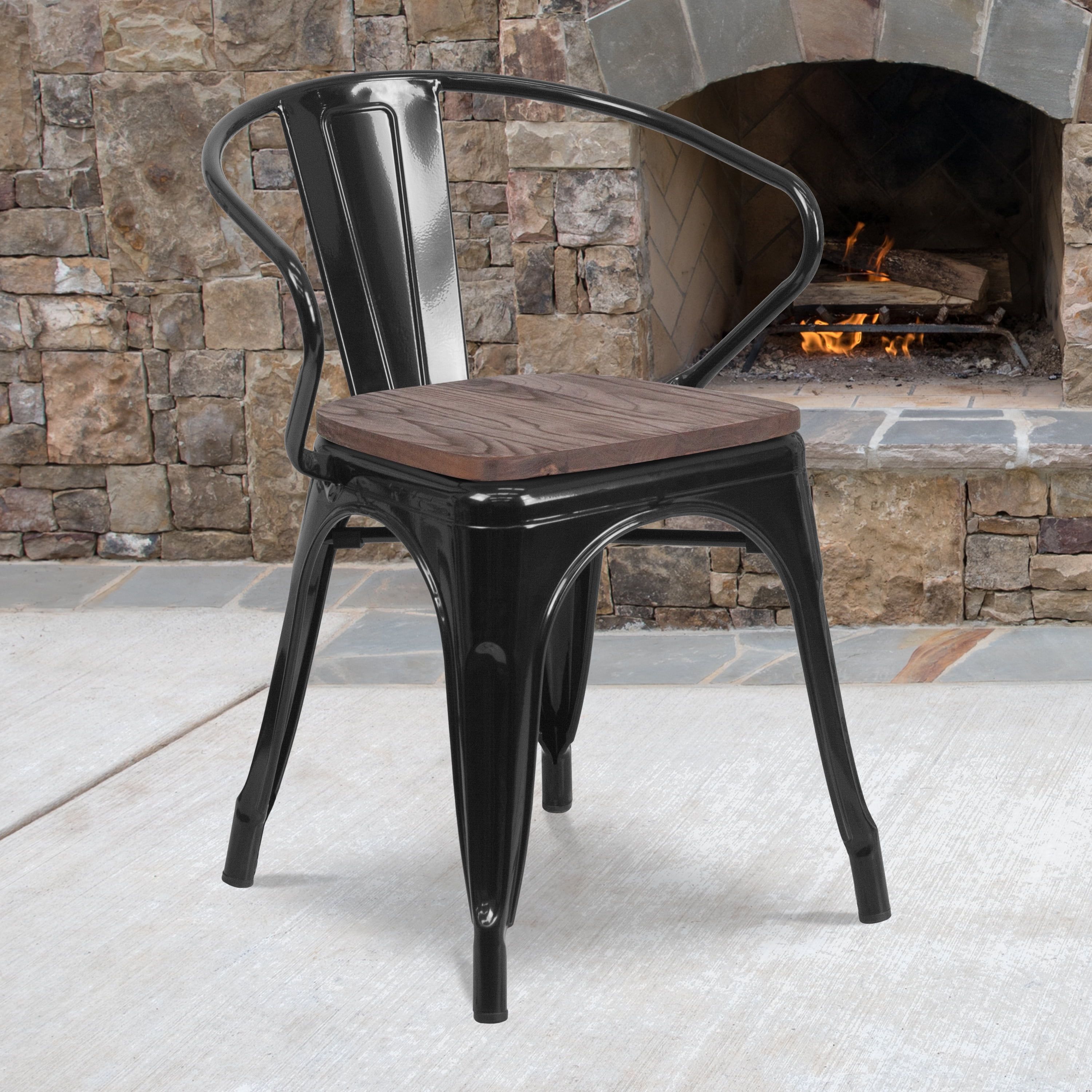 Modern-Rustic Black Steel Dining Chair with Walnut Wood Seat